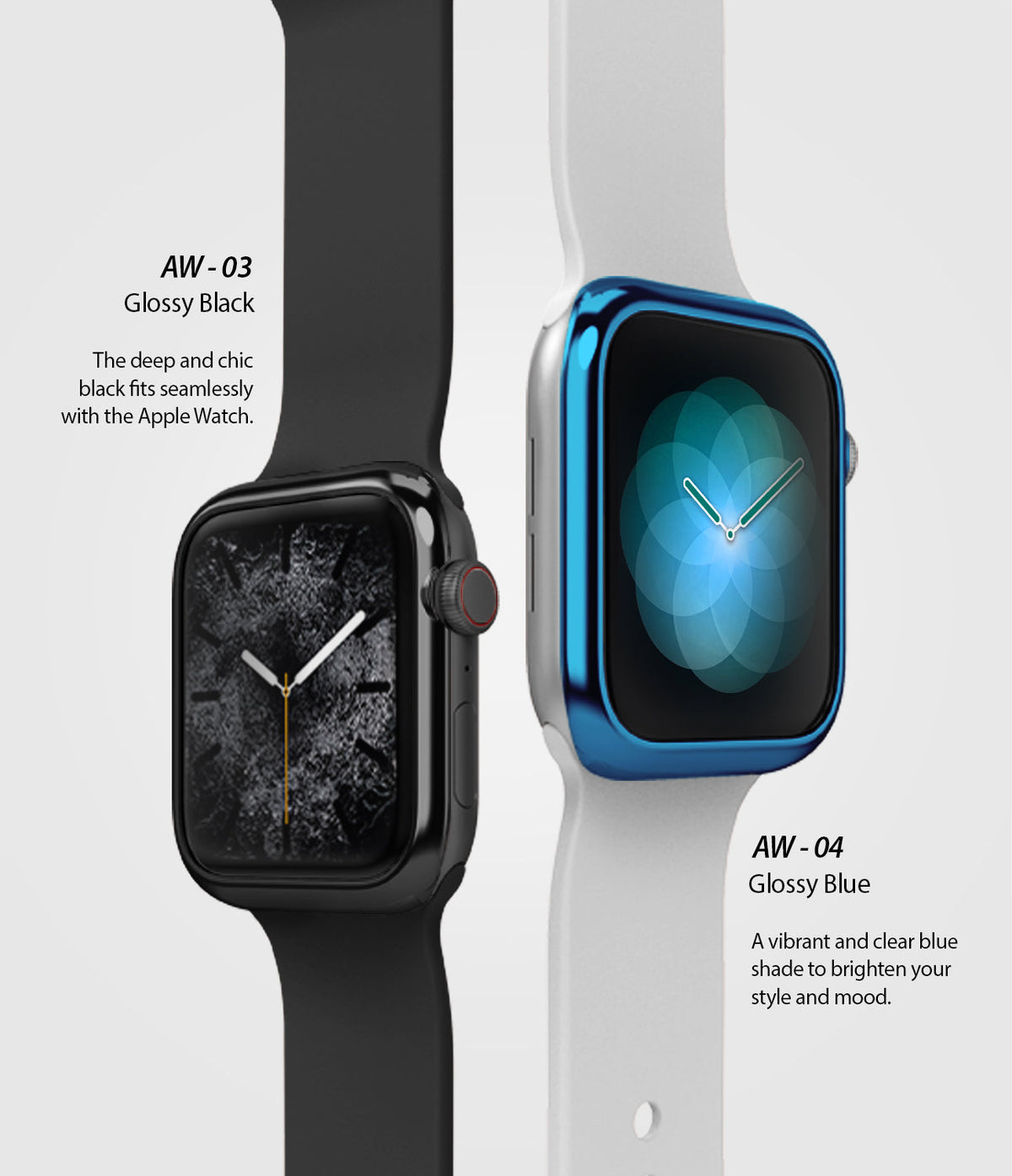 Apple Watch Series 3 / 2 / 1 (38mm) | Bezel Styling - Two Apple Watches with glossy black and blue bezel covers.