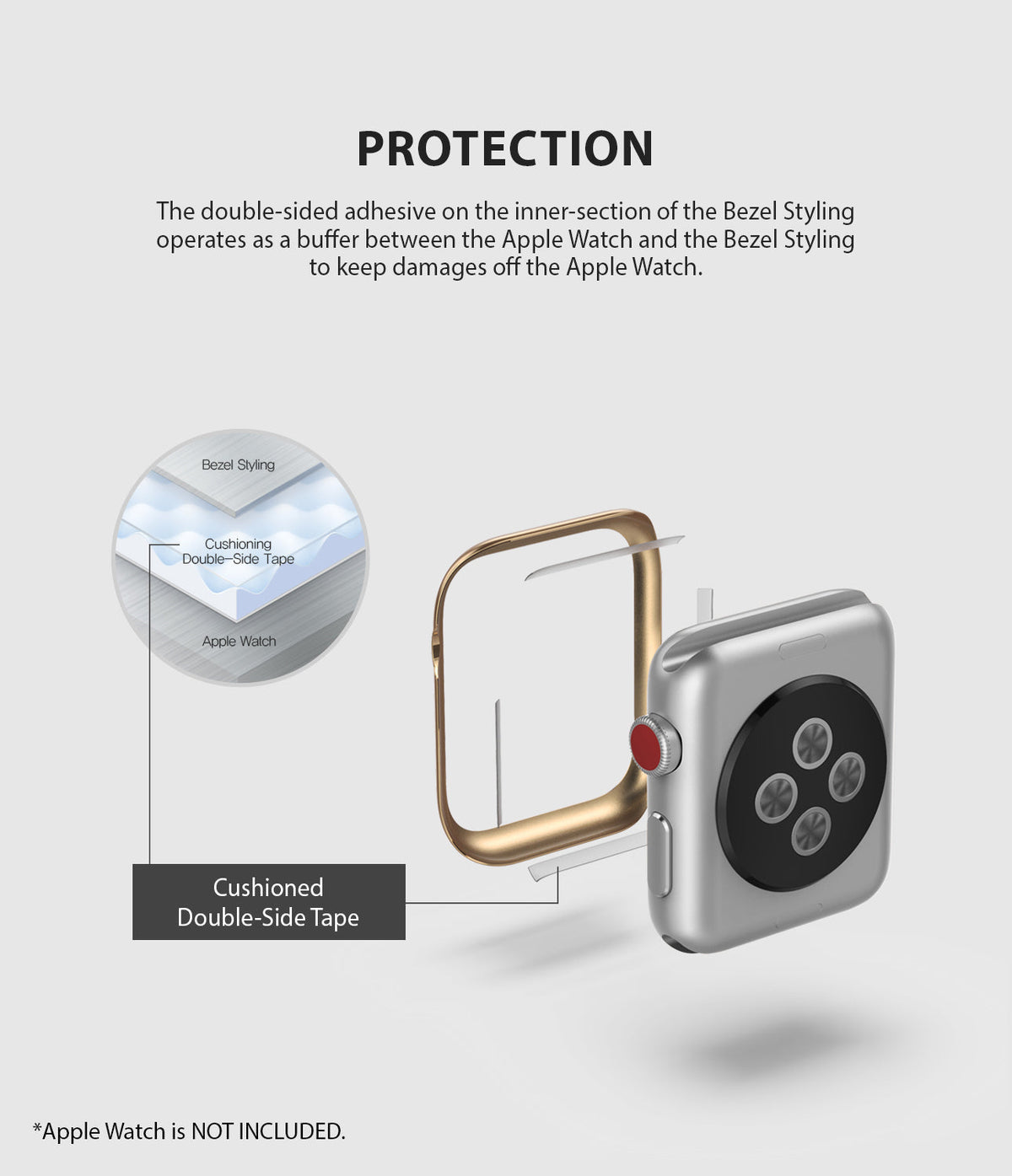 Apple Watch Series 3 / 2 / 1 (38mm) | Bezel Styling - Diagram showing adhesive tape between a gold bezel and watch.