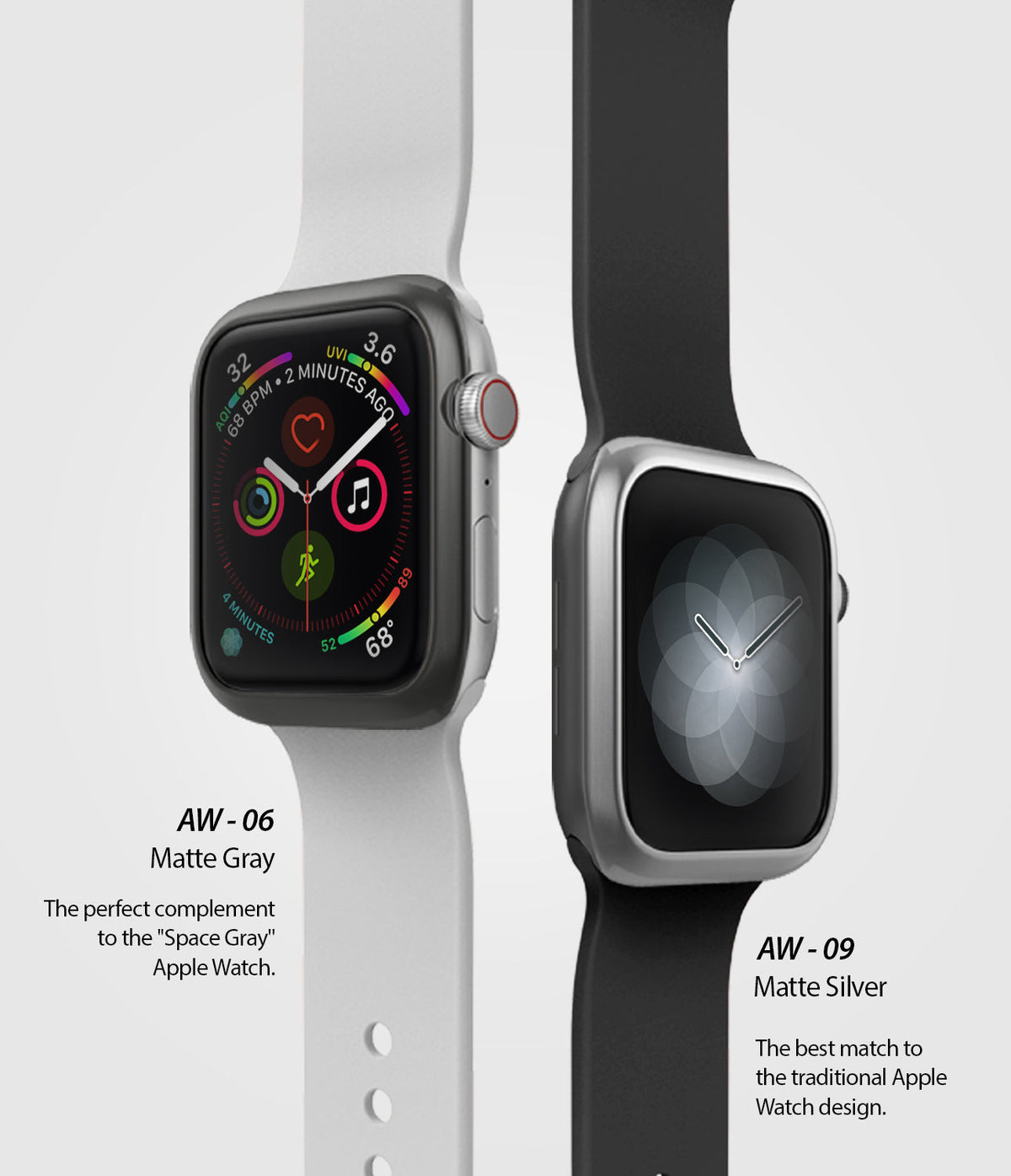 Apple Watch Series 3 / 2 / 1 (38mm) | Bezel Styling - Two Apple Watches with matte gray and silver bezel covers.