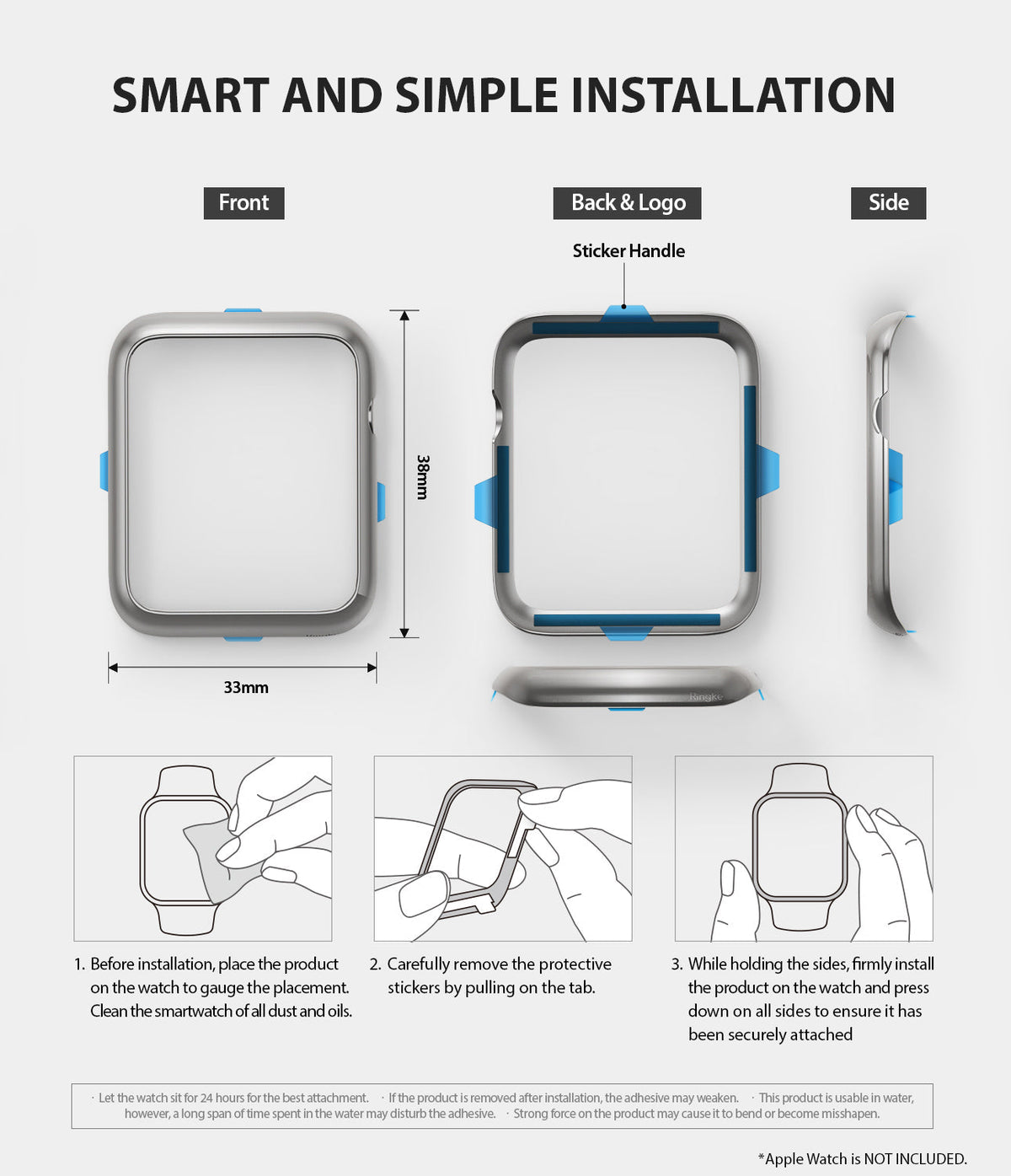 Apple Watch Series 3 / 2 / 1 (38mm) | Bezel Styling - Installation guide showing bezel dimensions and three steps.