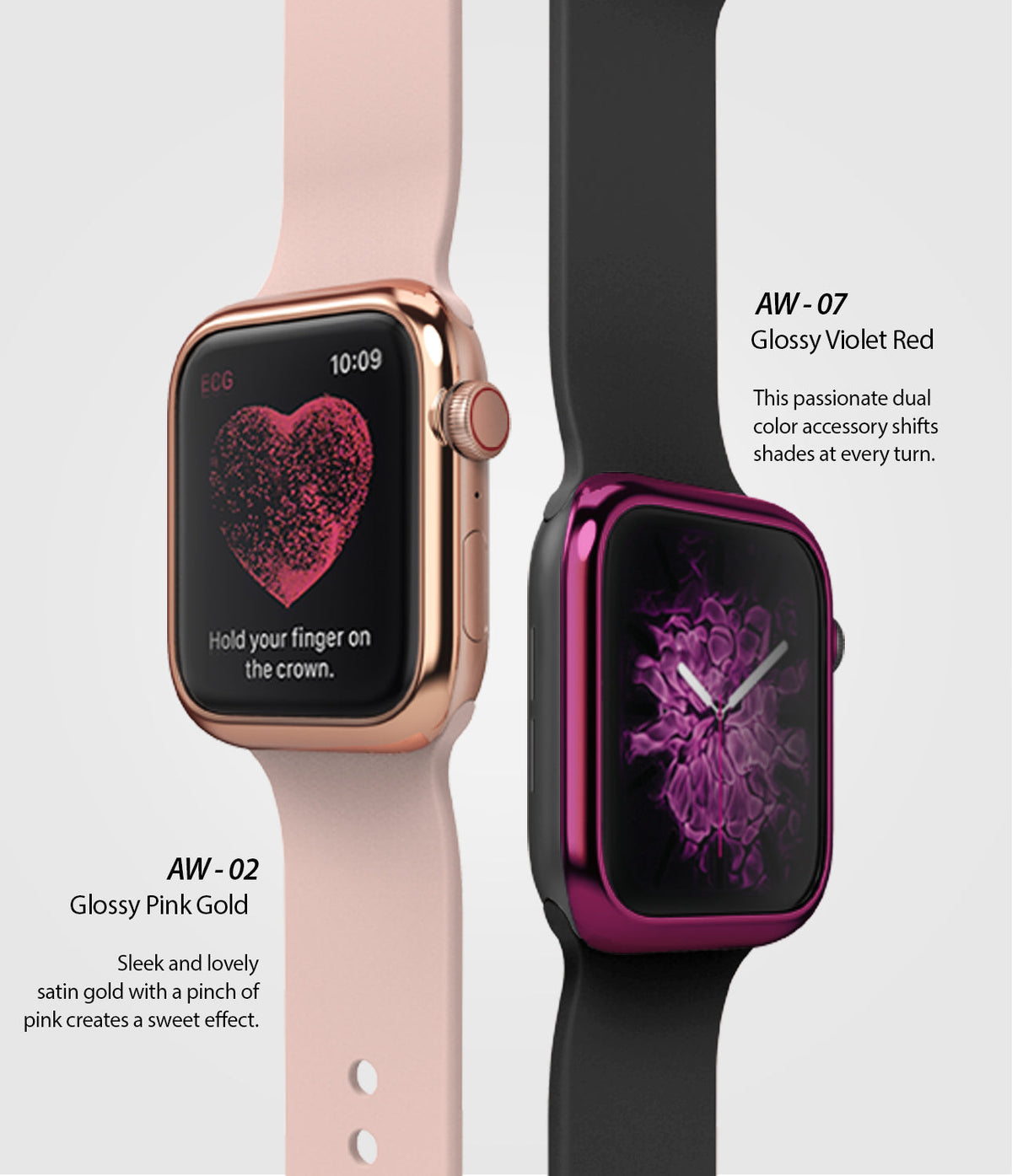 Apple Watch Series 3 / 2 / 1 (38mm) | Bezel Styling - Two Apple Watches featuring glossy pink gold and violet red bezels.