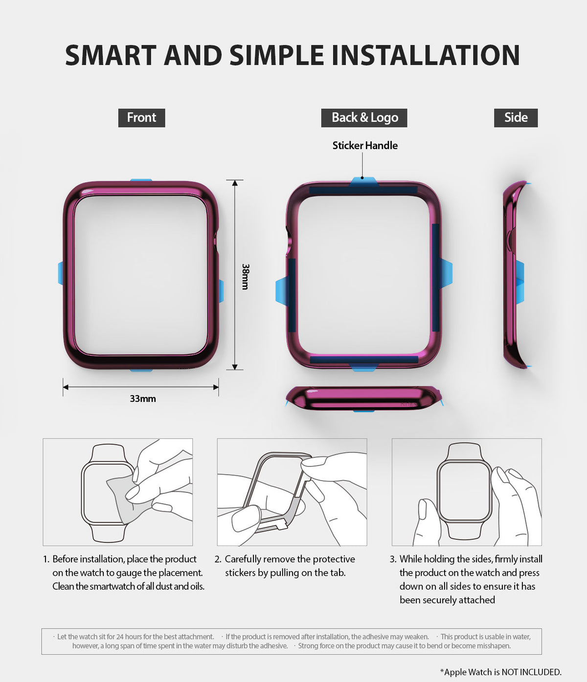 Apple Watch Series 3 / 2 / 1 (38mm) | Bezel Styling - Installation guide showing bezel dimensions and three-step process.
