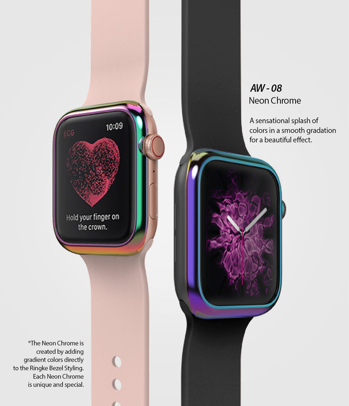 Apple Watch Series 3 / 2 / 1 (38mm) | Bezel Styling - Two Apple Watches with neon chrome gradient bezels and bands.