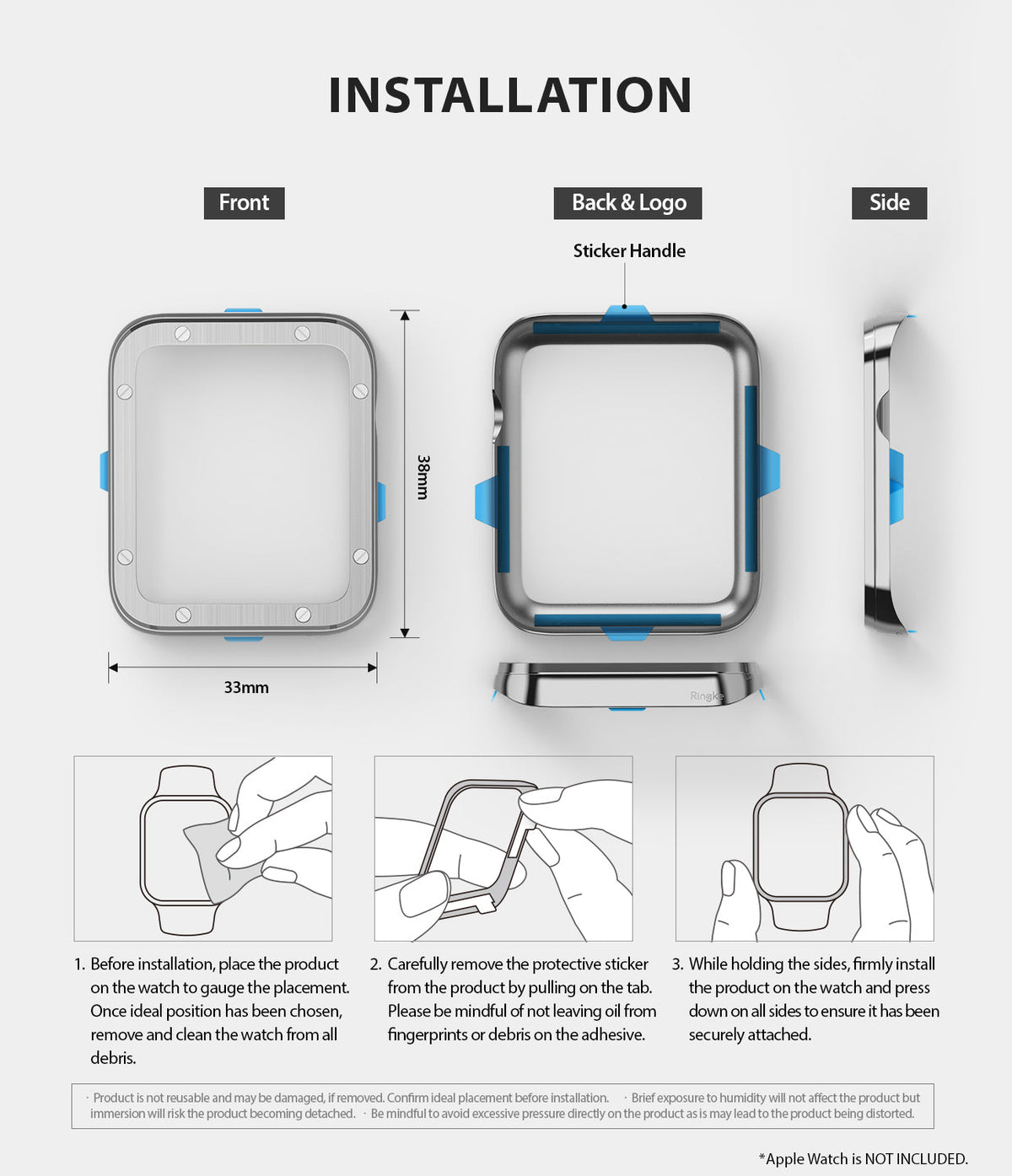 Apple Watch Series 3 / 2 / 1 (38mm) | Premium Bezel Styling H - Installation guide showing bezel dimensions and steps.