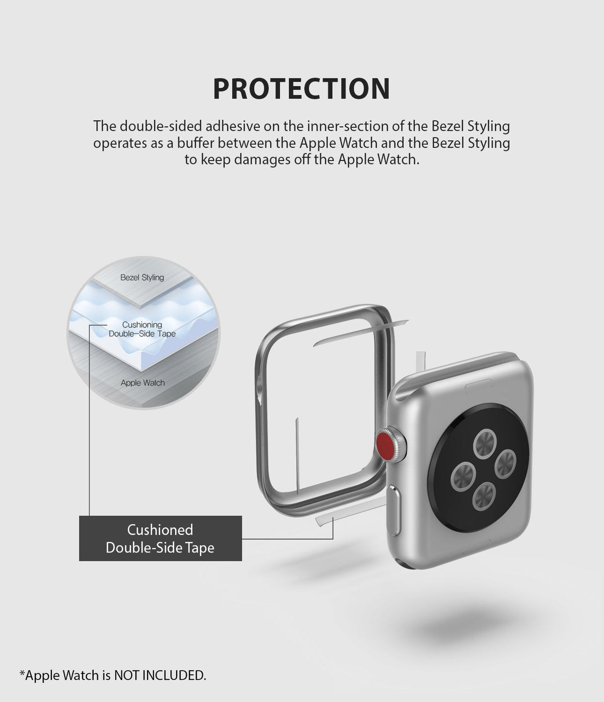Apple Watch Series 3 / 2 / 1 (38mm) | Premium Bezel Styling H - Diagram showing adhesive tape between watch and bezel.