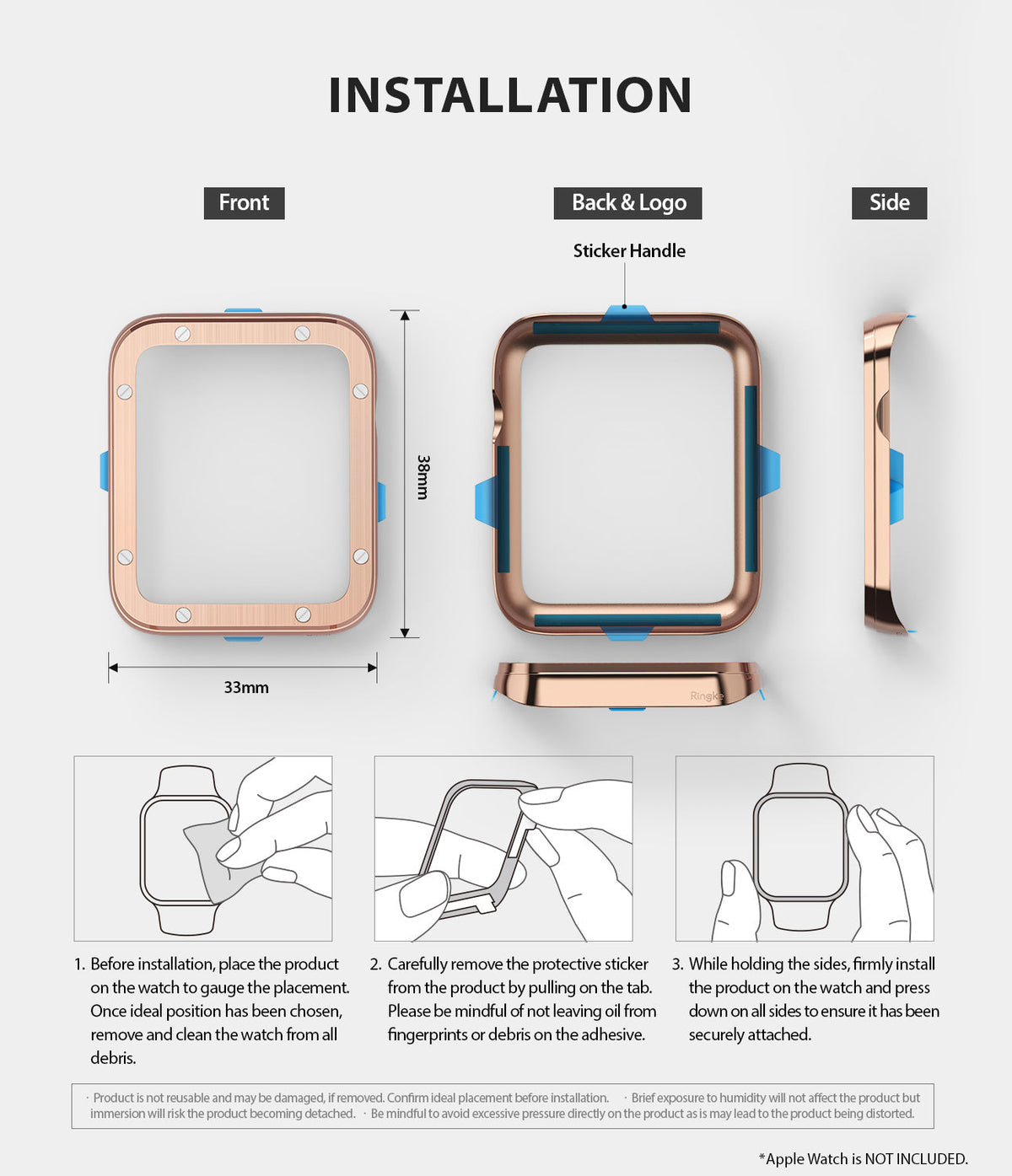 Apple Watch Series 3 / 2 / 1 (38mm) | Premium Bezel Styling H - Installation guide showing bezel dimensions and steps.