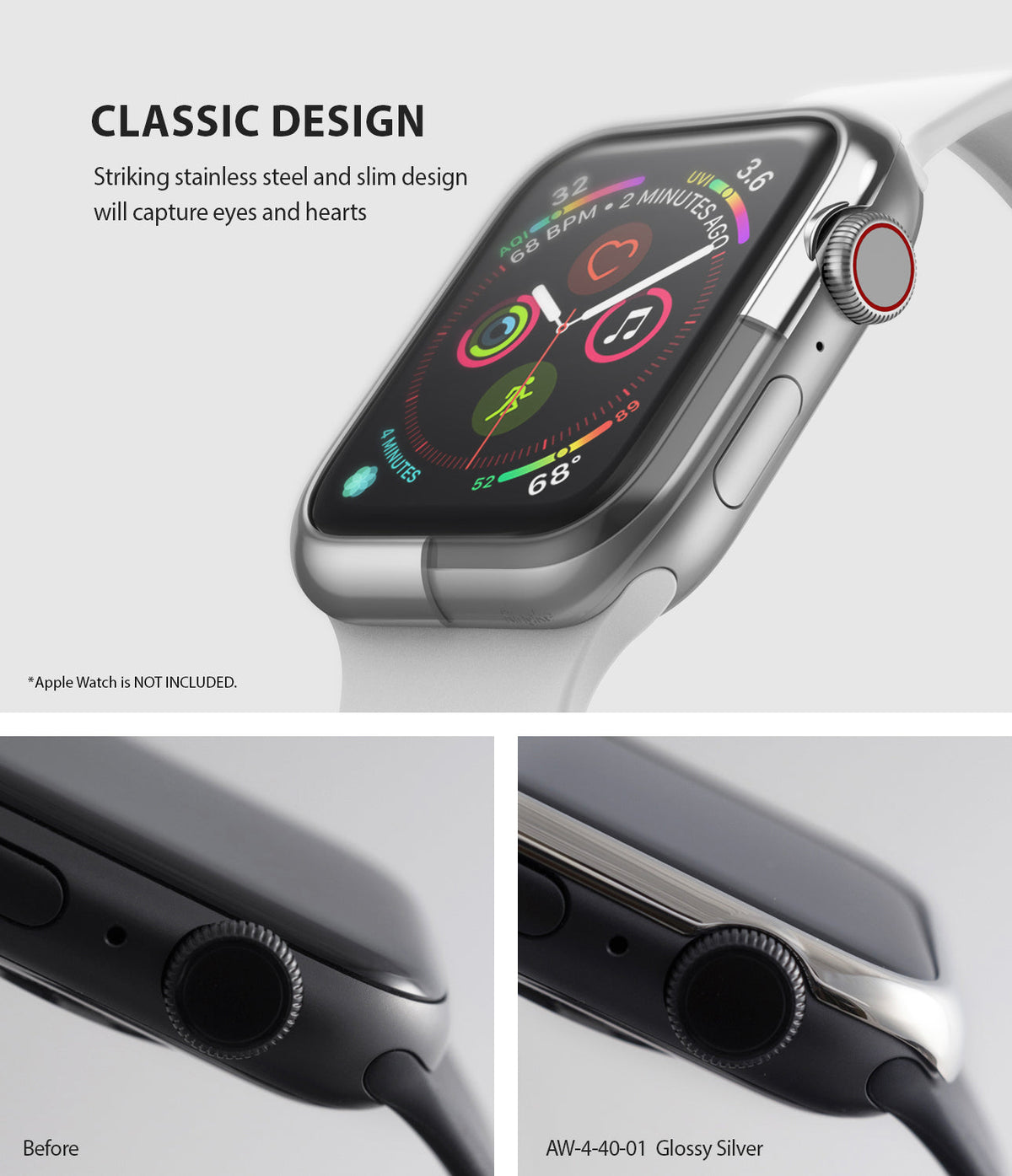 Apple Watch Series 6 / 5 / 4 / SE (40mm) | Bezel Styling - Glossy silver stainless steel bezel cover on Apple Watch.