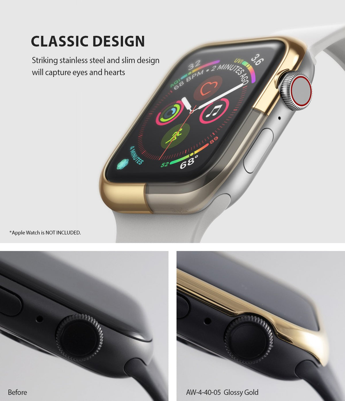 Apple Watch Series 6 / 5 / 4 / SE (40mm) | Bezel Styling - Glossy gold stainless steel bezel cover on an Apple Watch.