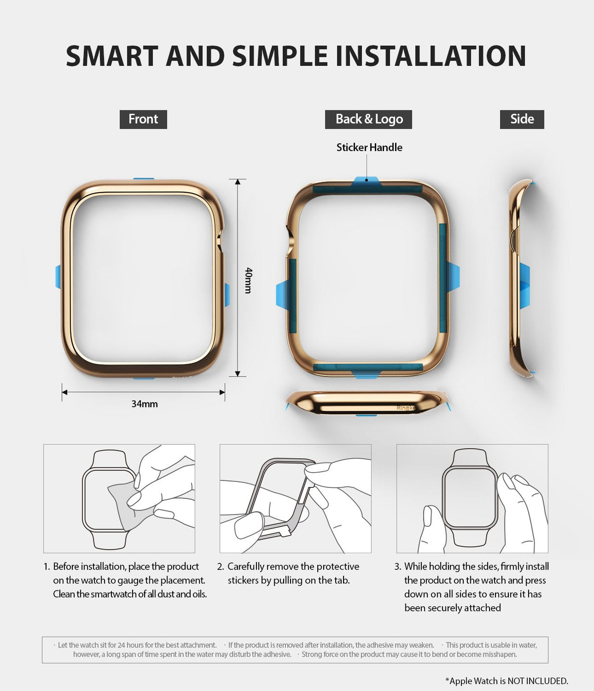 Apple Watch Series 6 / 5 / 4 / SE (40mm) | Bezel Styling - Apple Watch Bezel Styling - Installation guide showing front, back, and side views of a gold bezel with adhesive tabs.