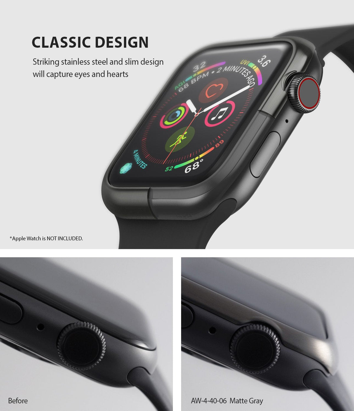Apple Watch Series 6 / 5 / 4 / SE (40mm) | Bezel Styling - Matte gray stainless steel bezel cover on an Apple Watch.