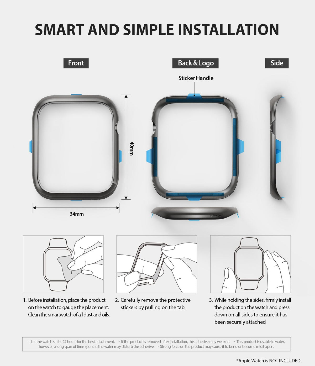 Apple Watch Series 6 / 5 / 4 / SE (40mm) | Bezel Styling - Installation guide showing bezel dimensions and steps.