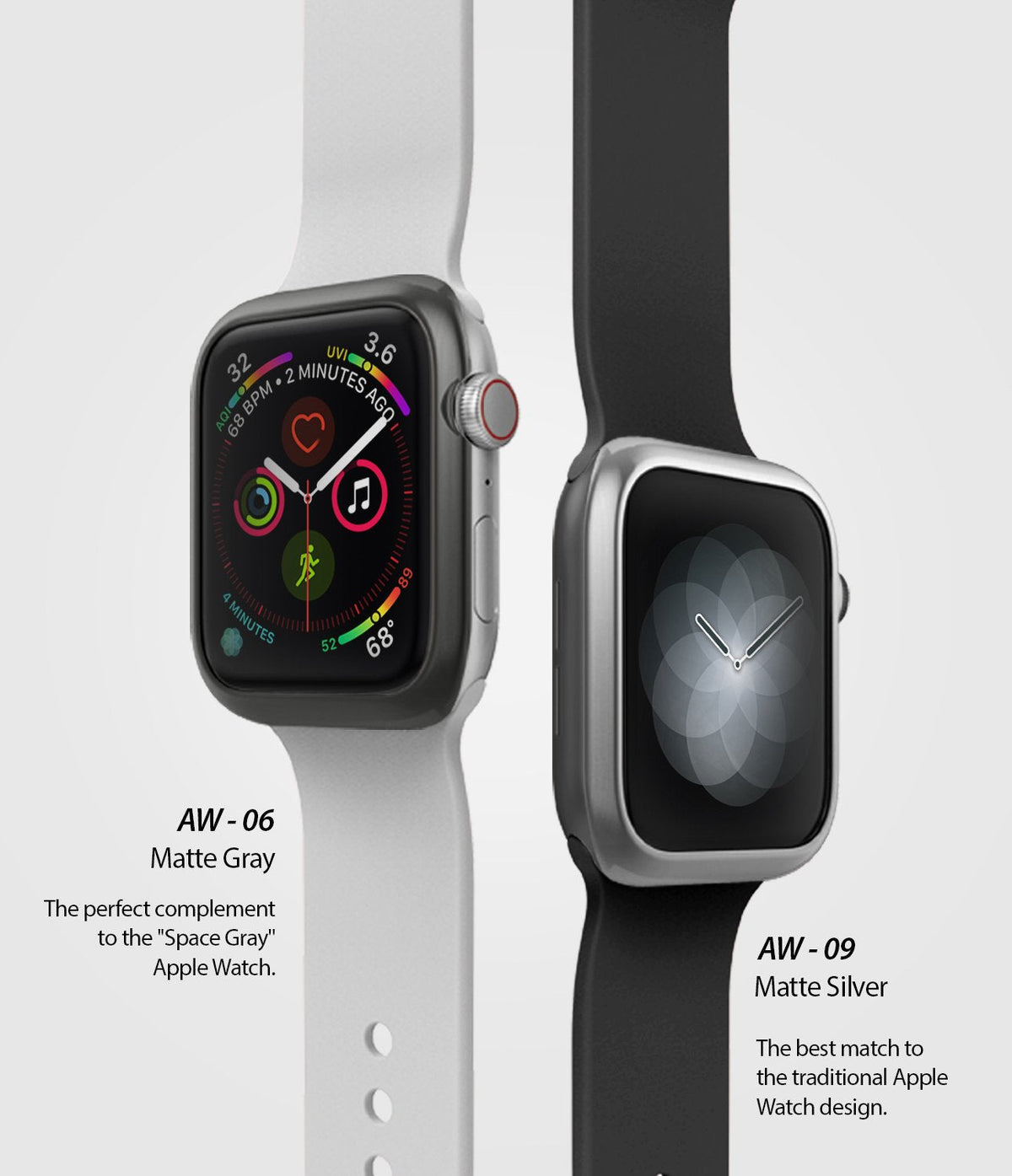 Apple Watch Series 6 / 5 / 4 / SE (40mm) | Bezel Styling - Two Apple Watches with matte gray and silver bezel covers.