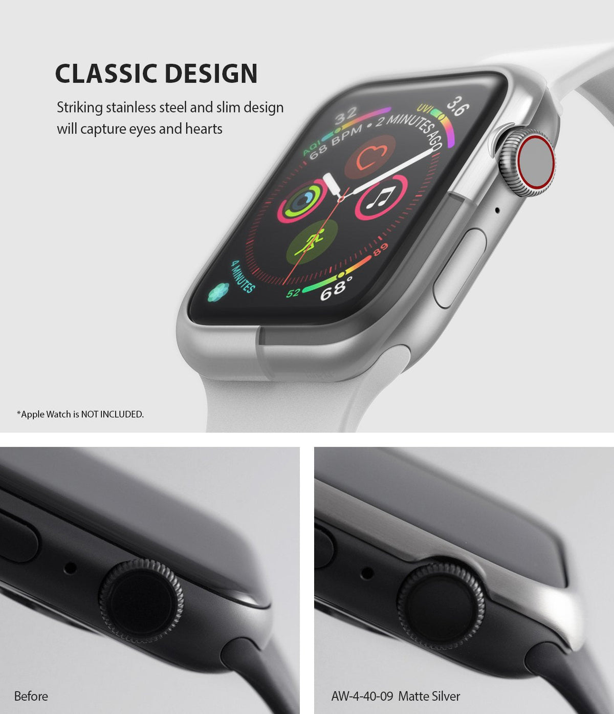 Apple Watch Series 6 / 5 / 4 / SE (40mm) | Bezel Styling - Apple Watch Bezel Styling - Silver stainless steel bezel cover on an Apple Watch, showing before and after installation.