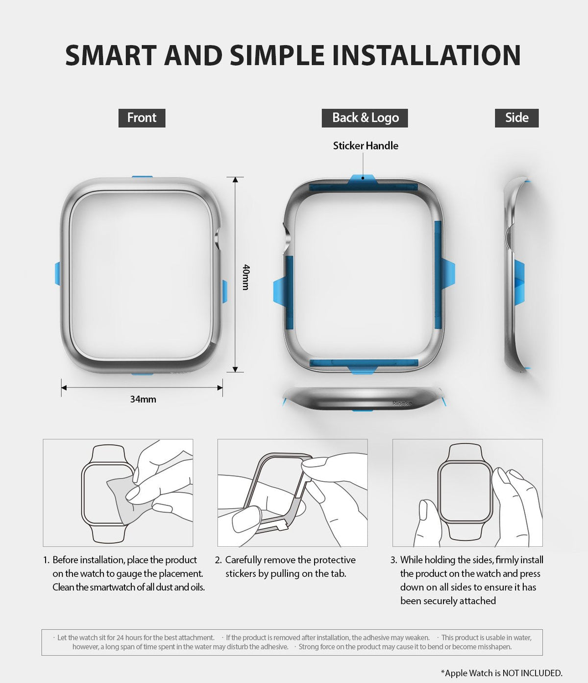 Apple Watch Series 6 / 5 / 4 / SE (40mm) | Bezel Styling - Installation guide showing bezel dimensions and steps.