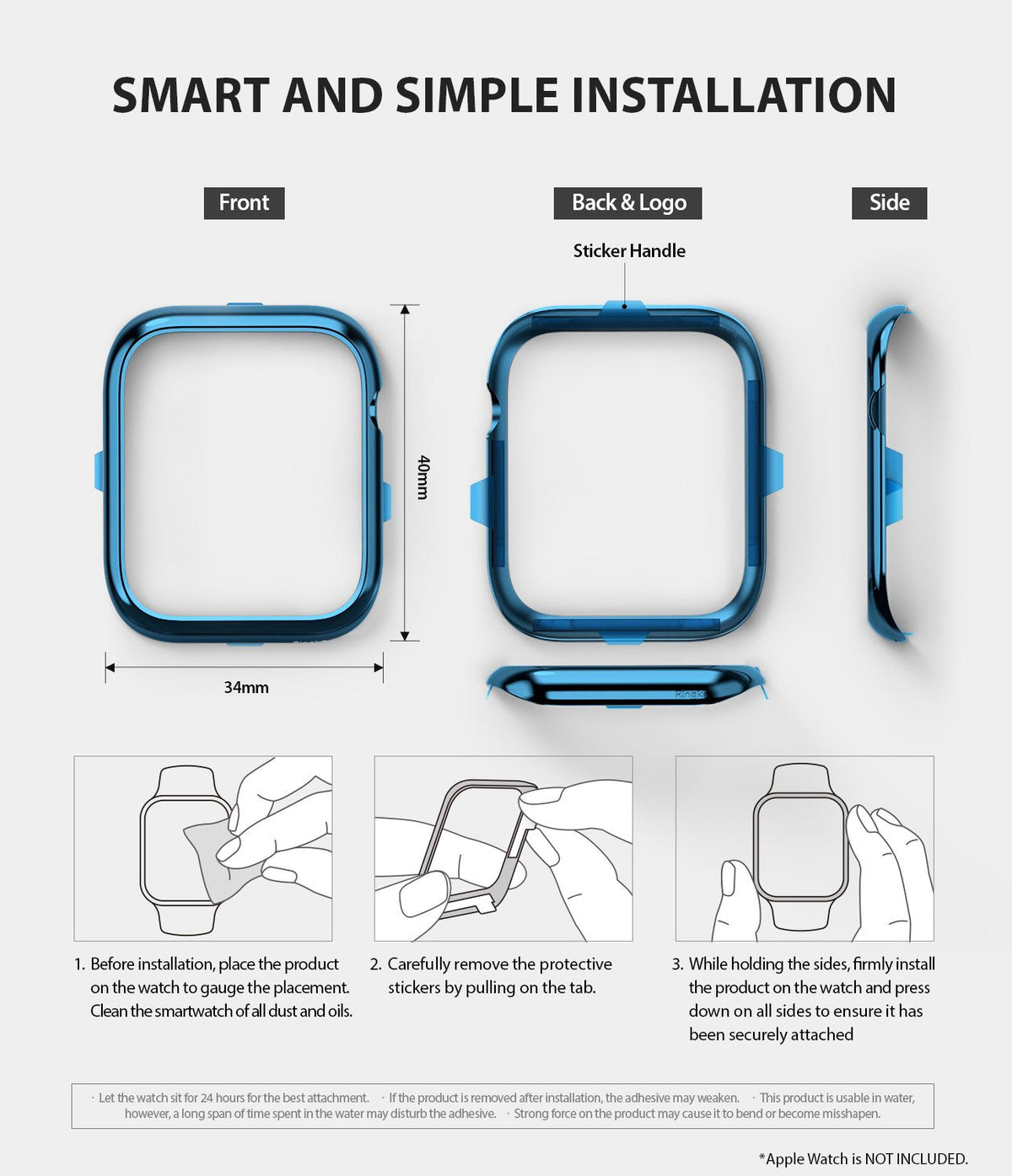 Apple Watch Series 6 / 5 / 4 / SE (40mm) | Bezel Styling - Installation guide showing bezel dimensions and steps.
