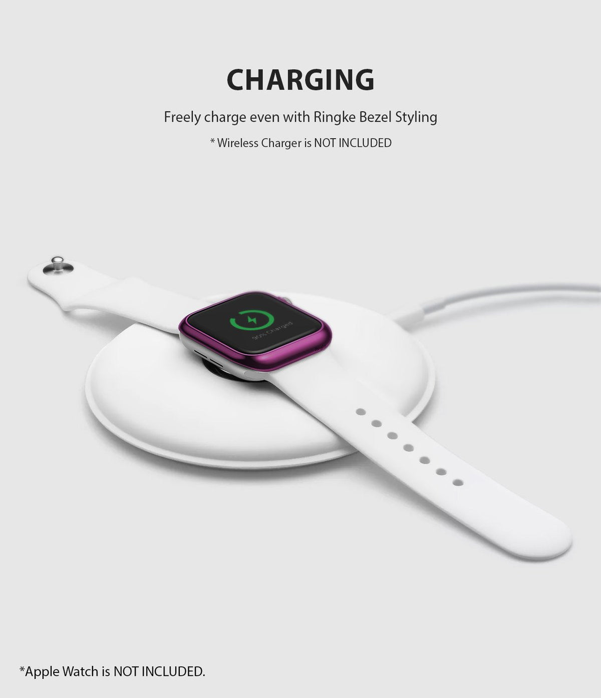 Apple Watch Series 6 / 5 / 4 / SE (40mm) | Bezel Styling - Apple Watch Bezel Styling - A purple bezel-styled Apple Watch with a white band charging on a white wireless pad.