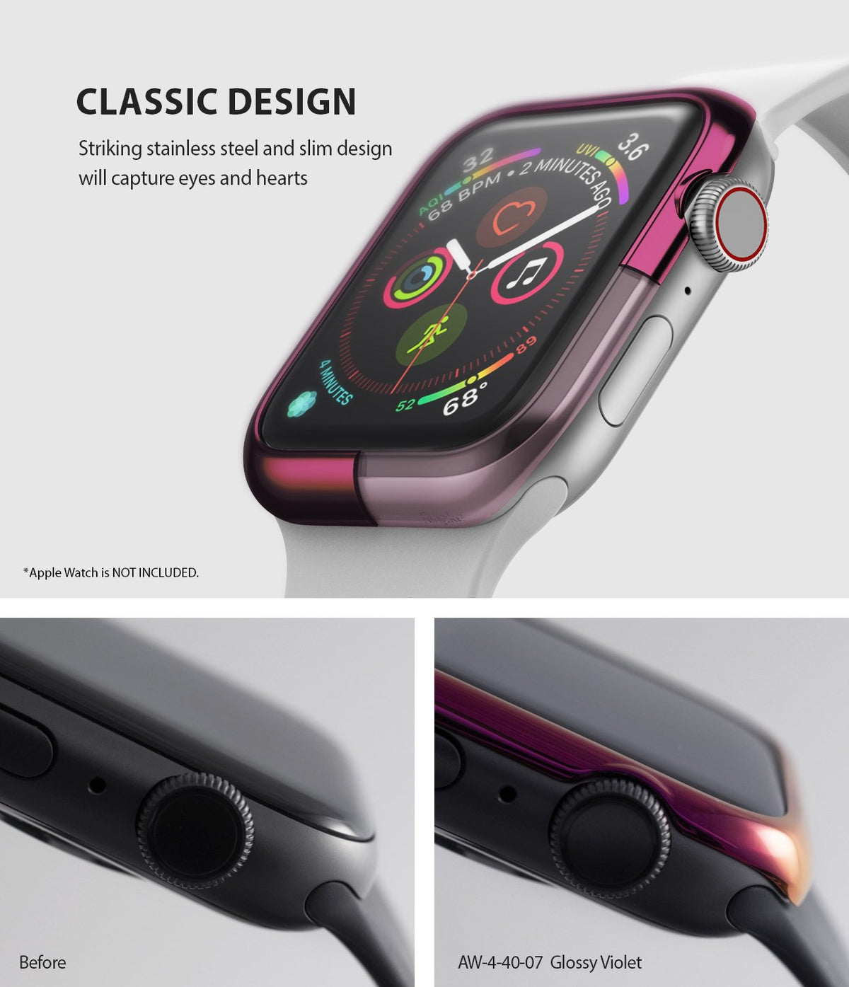 Apple Watch Series 6 / 5 / 4 / SE (40mm) | Bezel Styling - Glossy violet stainless steel bezel cover on an Apple Watch.
