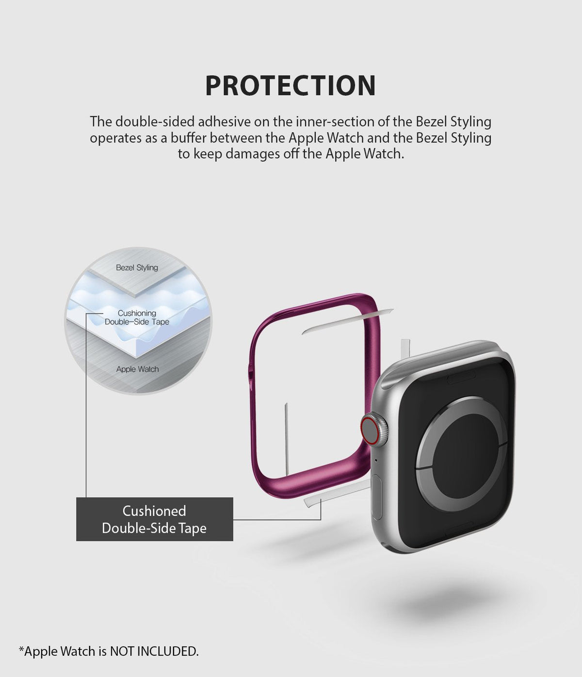 Apple Watch Series 6 / 5 / 4 / SE (40mm) | Bezel Styling - Apple Watch Bezel Styling - Diagram showing a protective bezel ring with adhesive tape attaching to an Apple Watch face.