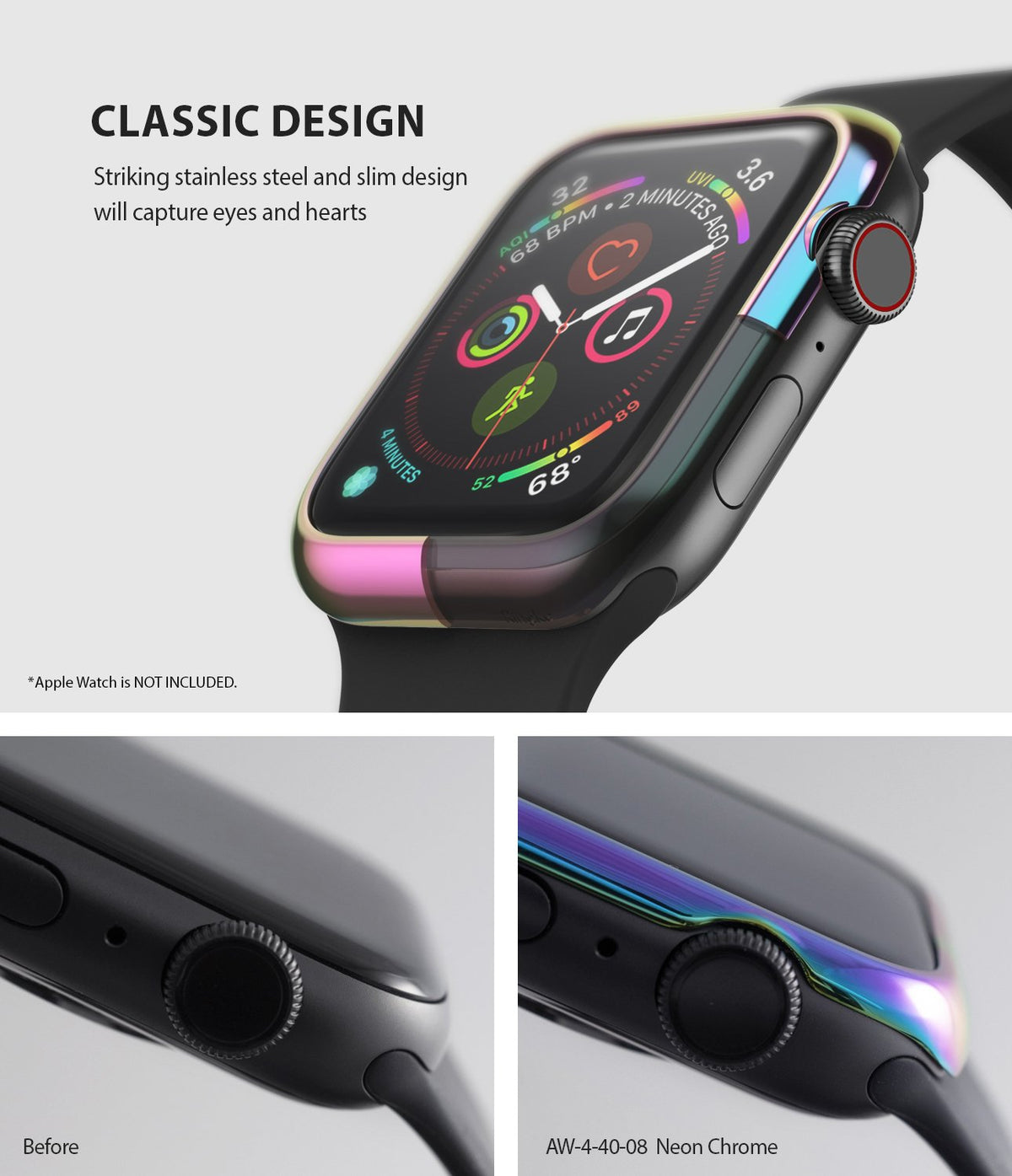 Apple Watch Series 6 / 5 / 4 / SE (40mm) | Bezel Styling - Neon chrome bezel accessory on an Apple Watch side-by-side.