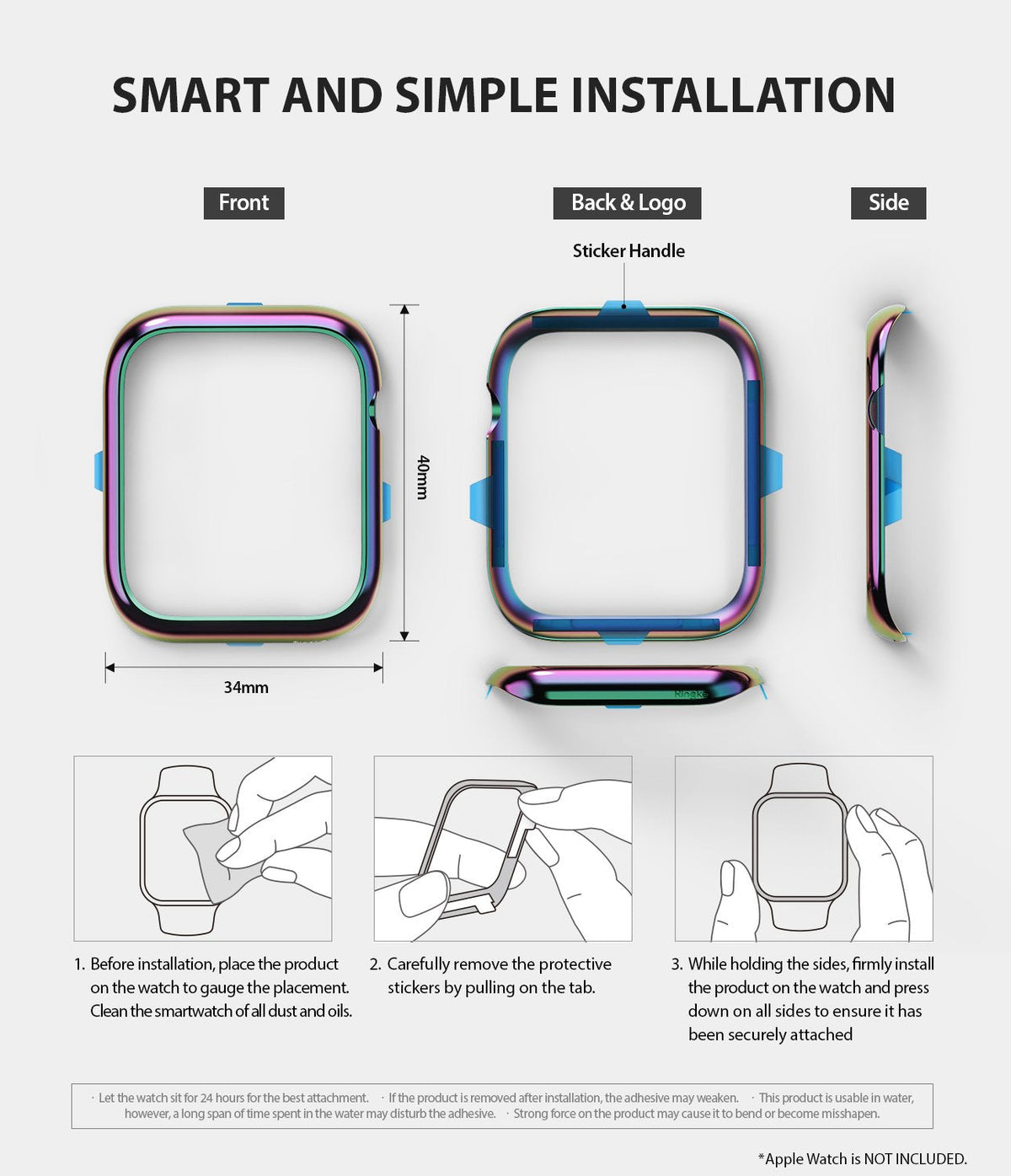 Apple Watch Series 6 / 5 / 4 / SE (40mm) | Bezel Styling - Apple Watch Bezel Styling - Installation guide showing front, back, and side views of the bezel with three step-by-step diagrams.