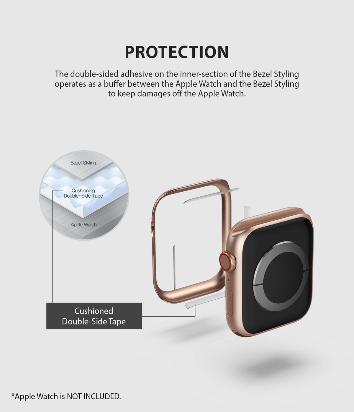 Apple Watch Series 6 / 5 / 4 / SE (44mm) | Bezel Styling - Apple Watch Bezel Styling - Exploded view showing adhesive tape between a rose gold bezel ring and an Apple Watch.