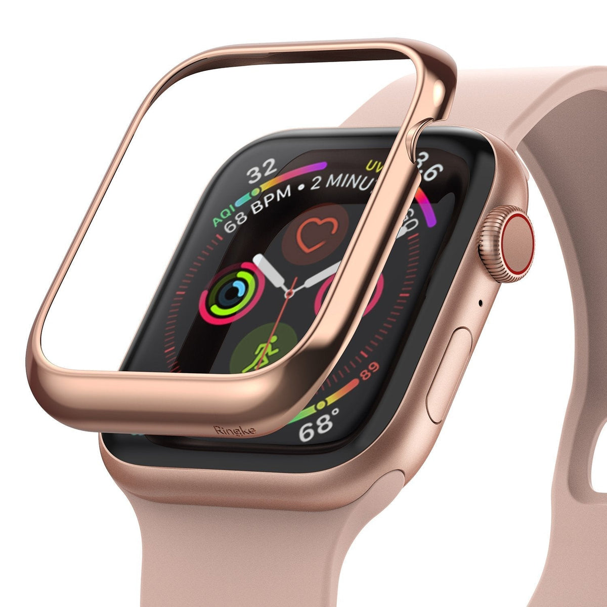 Apple Watch Series 6 / 5 / 4 / SE (40mm) | Bezel Styling - Rose gold metal bezel cover hovering over an Apple Watch.