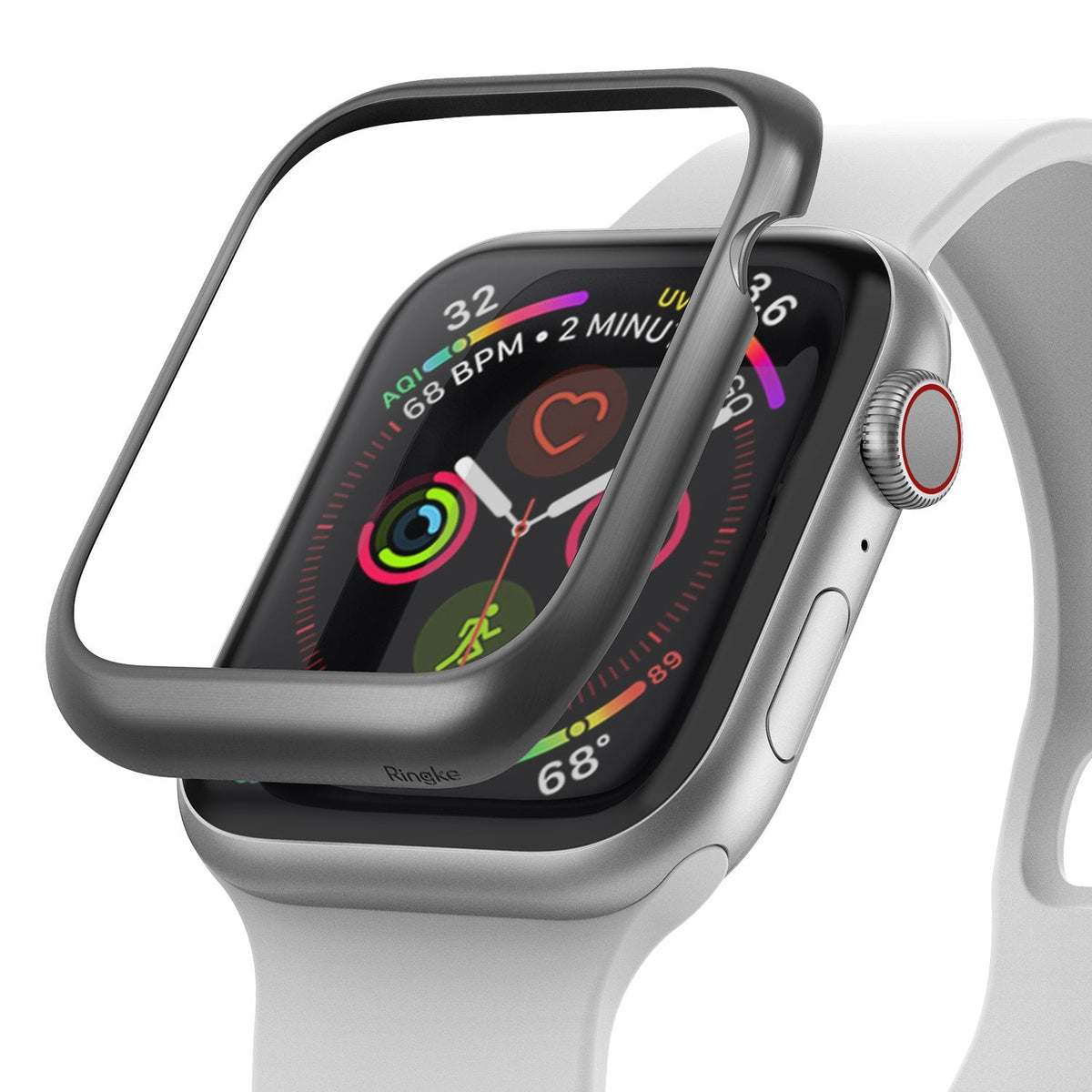 Apple Watch Series 6 / 5 / 4 / SE (40mm) | Bezel Styling - Apple Watch Bezel Styling - A dark metallic bezel cover hovering above an Apple Watch with a white band and colorful face.