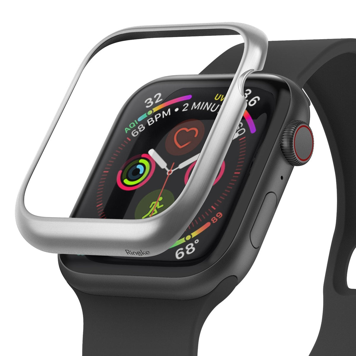 Apple Watch Series 6 / 5 / 4 / SE (40mm) | Bezel Styling - Silver metal bezel accessory hovering above an Apple Watch.