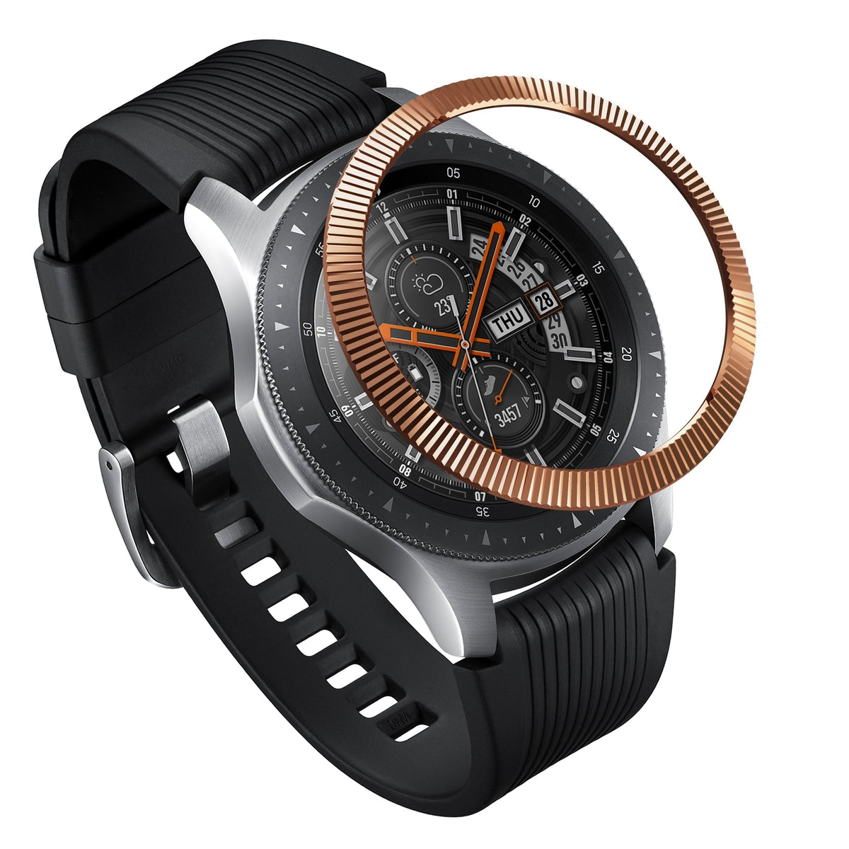 Galaxy Watch 46mm | Bezel Styling - A rose gold ridged bezel ring hovering above a silver smartwatch with a black band.