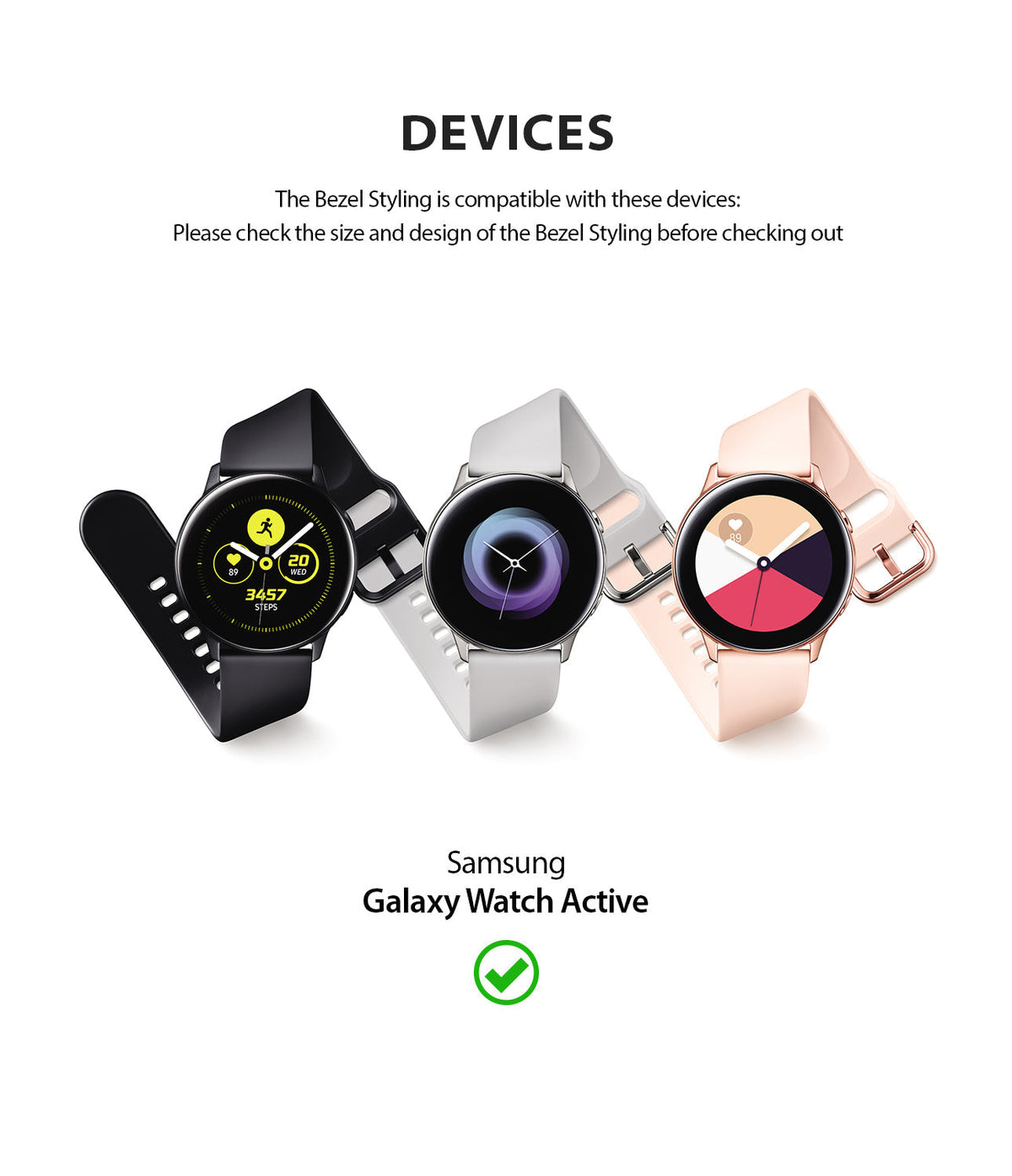 Galaxy Watch Active | Bezel Styling - Three Galaxy Watch Active smartwatches in black, silver, and rose gold.