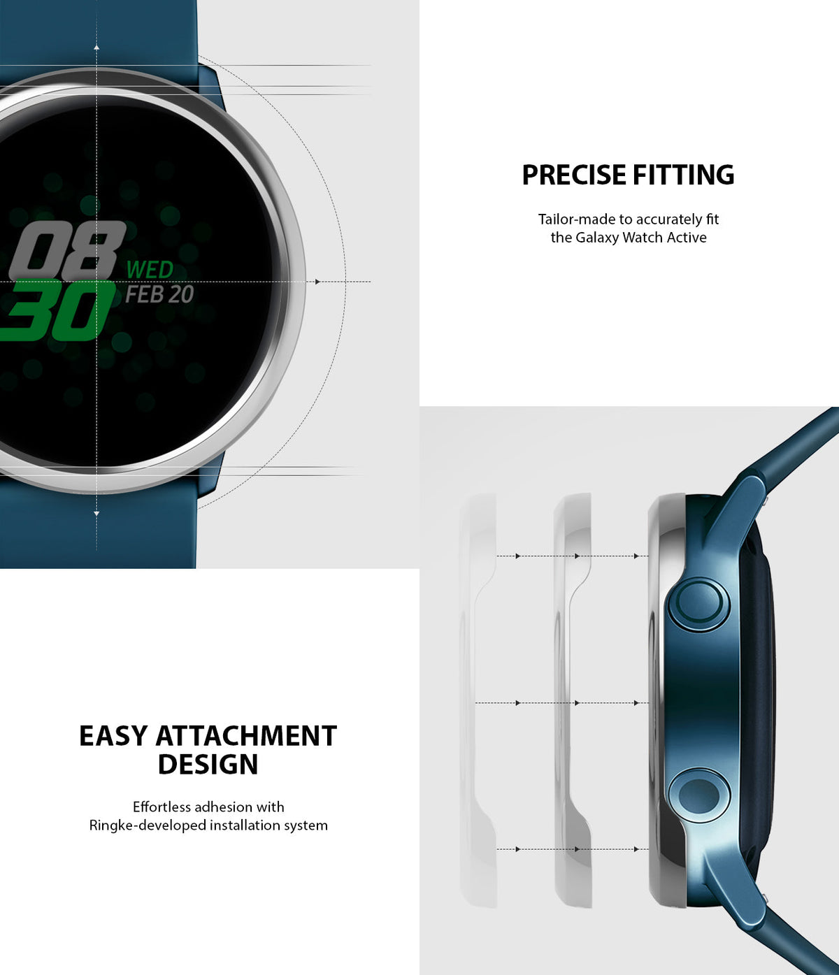 Galaxy Watch Active | Bezel Styling - Diagrams showing precise fit and easy adhesive installation of a watch bezel.