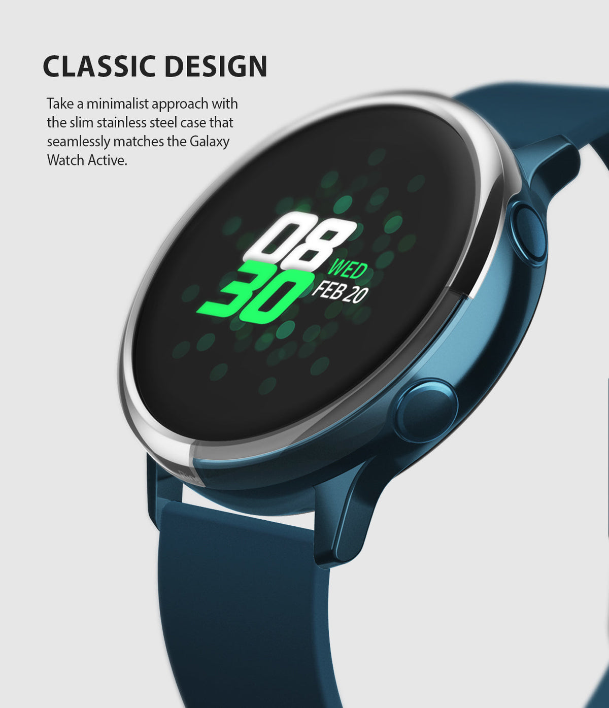 Galaxy Watch Active | Bezel Styling - A blue Galaxy Watch Active featuring a sleek, silver stainless steel bezel accessory.