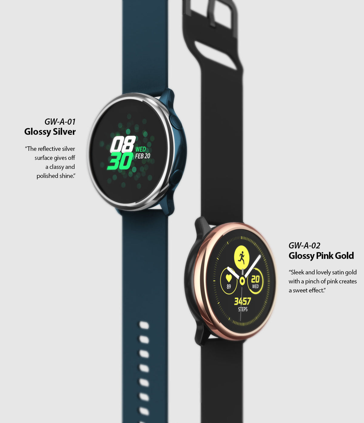 Galaxy Watch Active | Bezel Styling - Two smartwatches with glossy silver and pink gold bezel covers on blue and black bands.