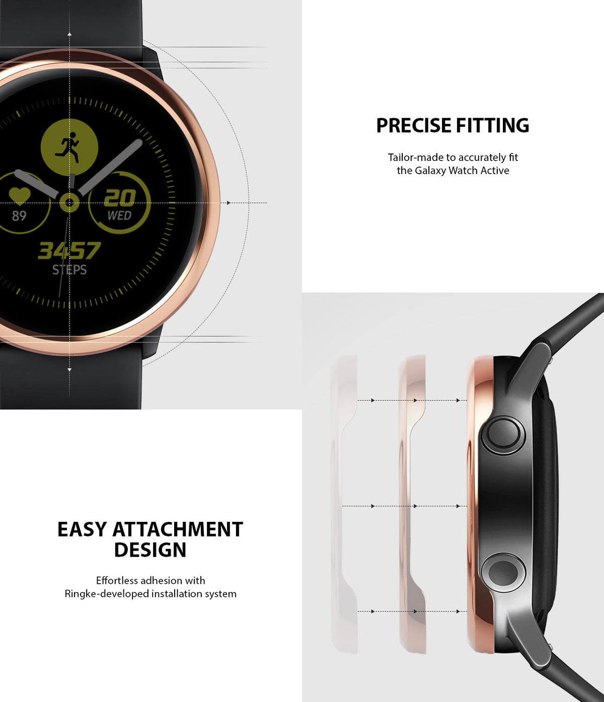 Galaxy Watch Active | Bezel Styling - Rose gold bezel ring attaching to a black smartwatch with precise fit diagrams.