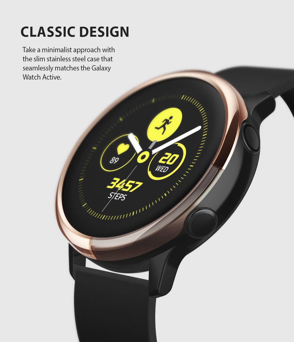 Galaxy Watch Active | Bezel Styling - Rose gold stainless steel bezel ring attached to a black Galaxy Watch Active.