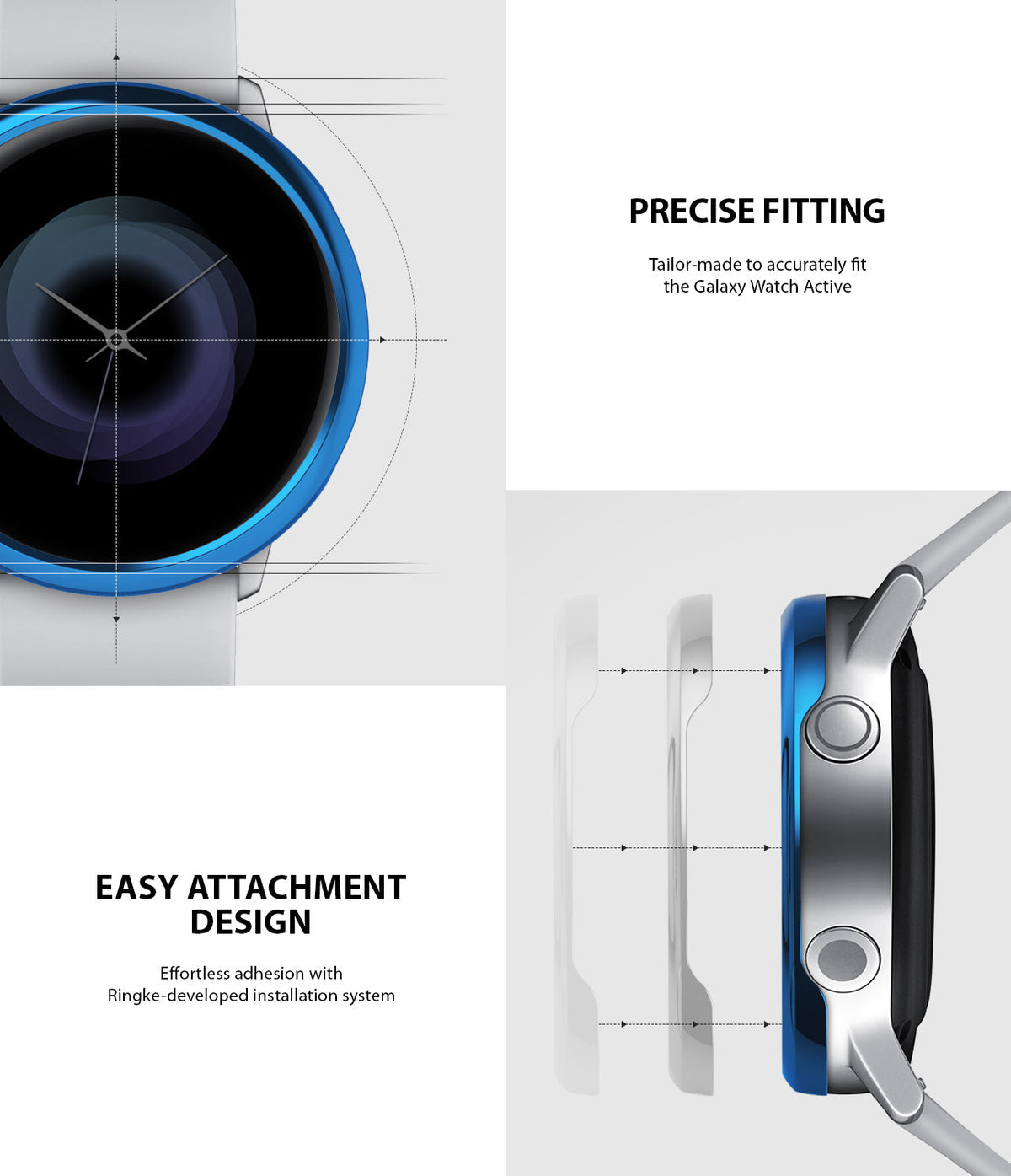 Galaxy Watch Active | Bezel Styling - Blue bezel ring showing precise fit and easy adhesive installation on a smartwatch.