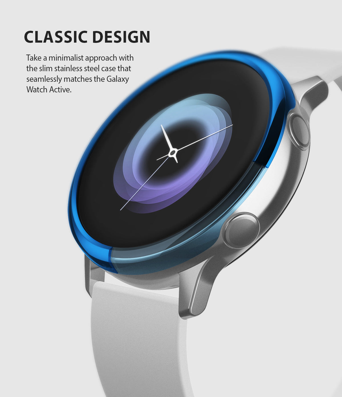 Galaxy Watch Active | Bezel Styling - A silver Galaxy Watch Active with a glossy blue bezel accessory and white band.