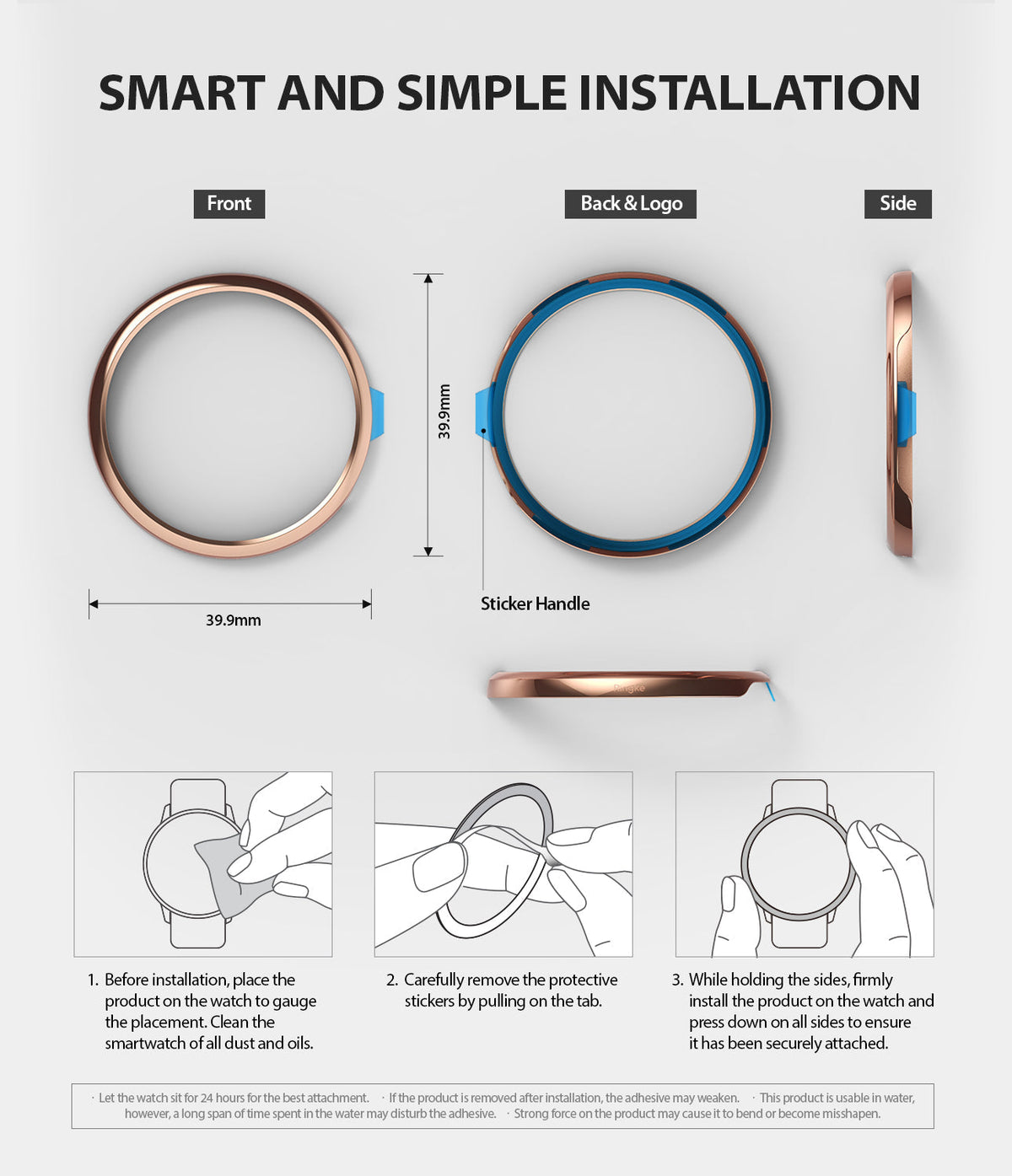 Galaxy Watch Active | Bezel Styling - Diagrams showing the bezel dimensions and a three-step installation guide.