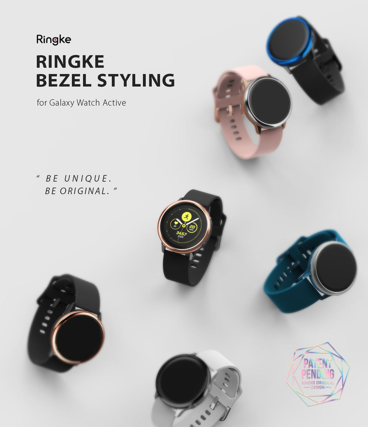 Galaxy Watch Active | Bezel Styling - Multiple Galaxy Watch Active units with various colored adhesive bezel rings.