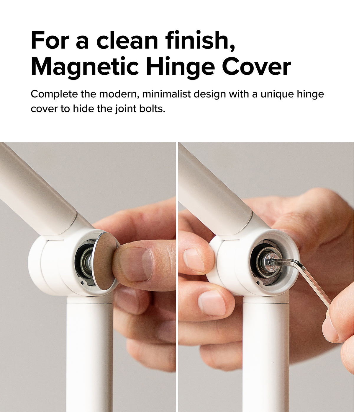 Ringke Clamp Holder - Hands attaching a magnetic cover to a white stand hinge and using an Allen wrench to tighten the bolt.
