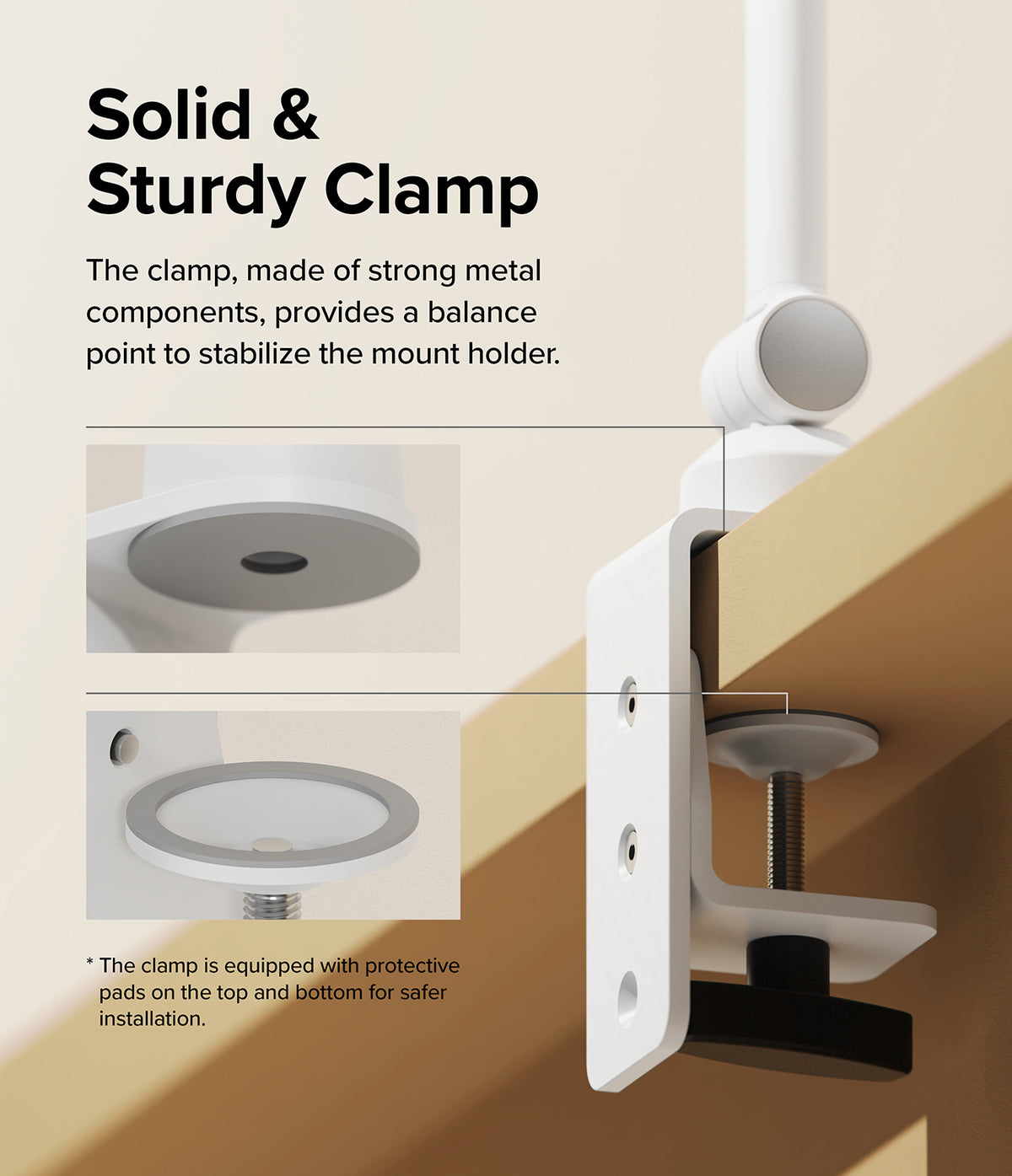 Ringke Clamp Holder - White metal clamp attached to a desk with protective pads and a sturdy adjustable screw mechanism.