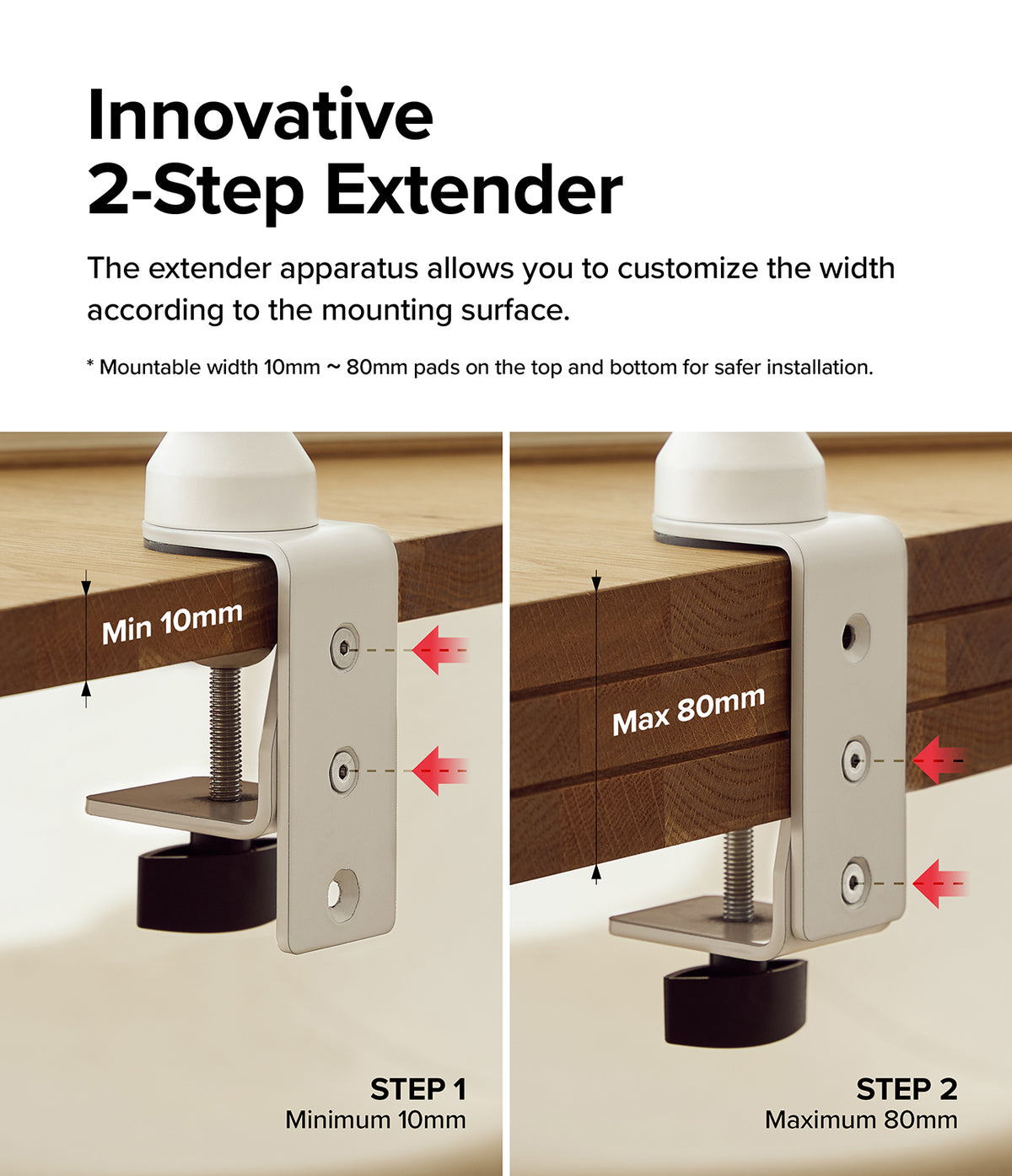 Ringke Clamp Holder - Two-step clamp showing minimum 10mm and maximum 80mm mounting width on a wooden surface.