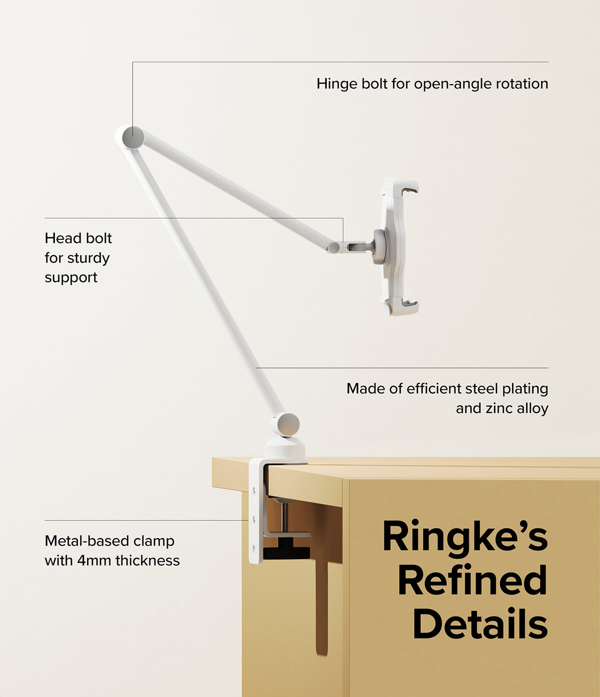 Ringke Clamp Holder - White adjustable desk arm with labeled features including hinge bolts, steel construction, and clamp.