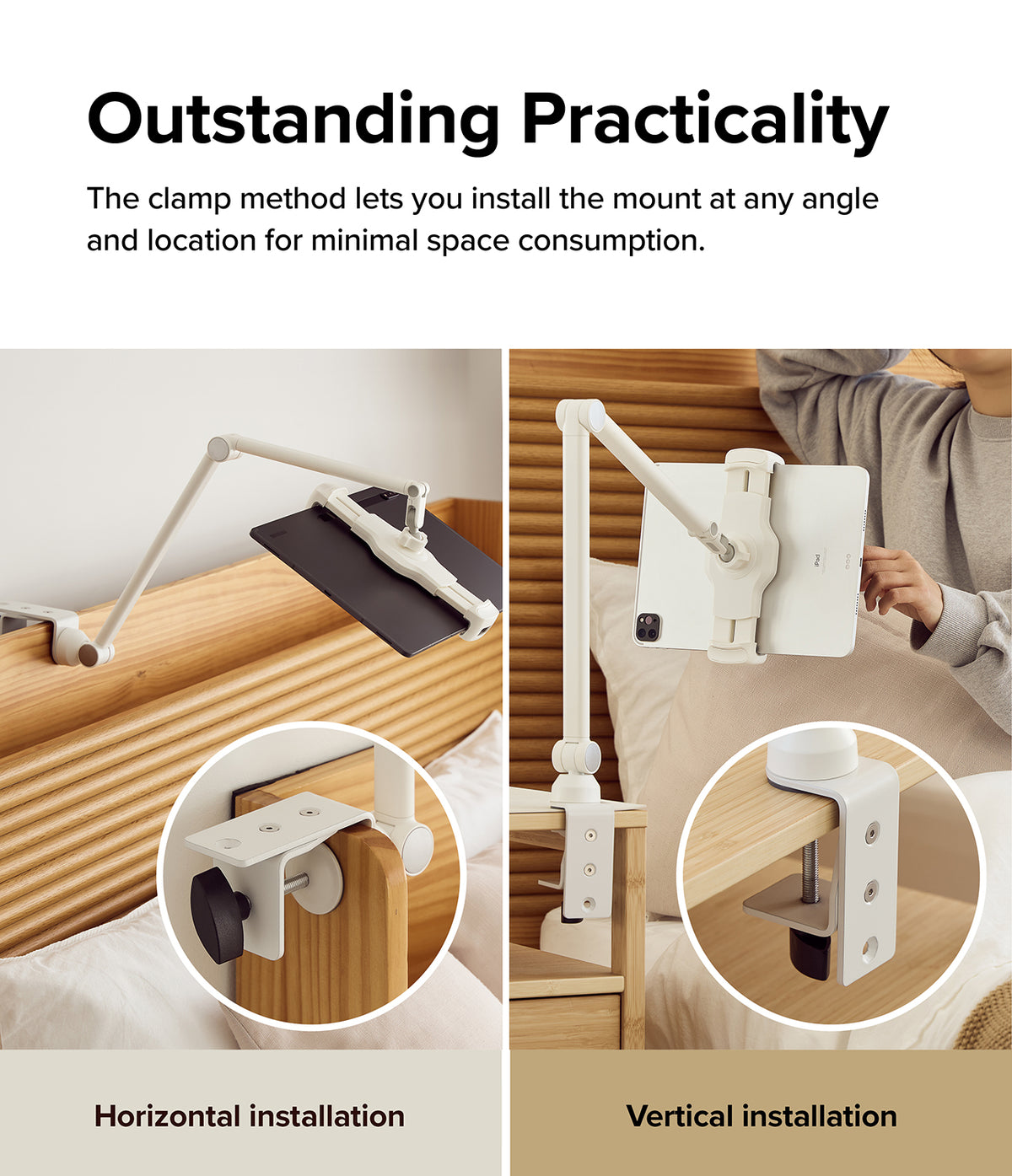 Ringke Clamp Holder - Adjustable tablet arm mount clamped to a bed frame and nightstand in horizontal and vertical positions.