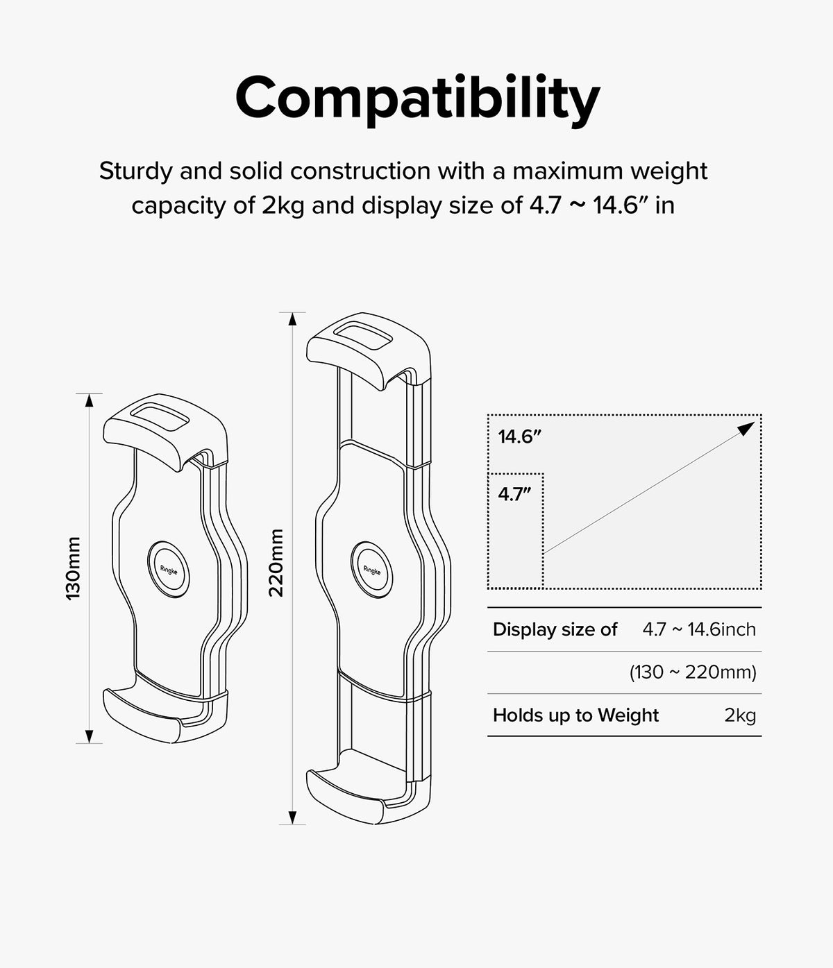 Ringke Clamp Holder - Diagram showing clamp dimensions of 130mm to 220mm for devices 4.7 to 14.6 inches, supporting 2kg.