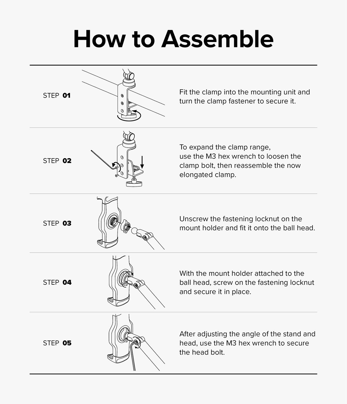 Ringke Clamp Holder - Five-step line art assembly guide showing how to attach, adjust, and secure the clamp and mount.