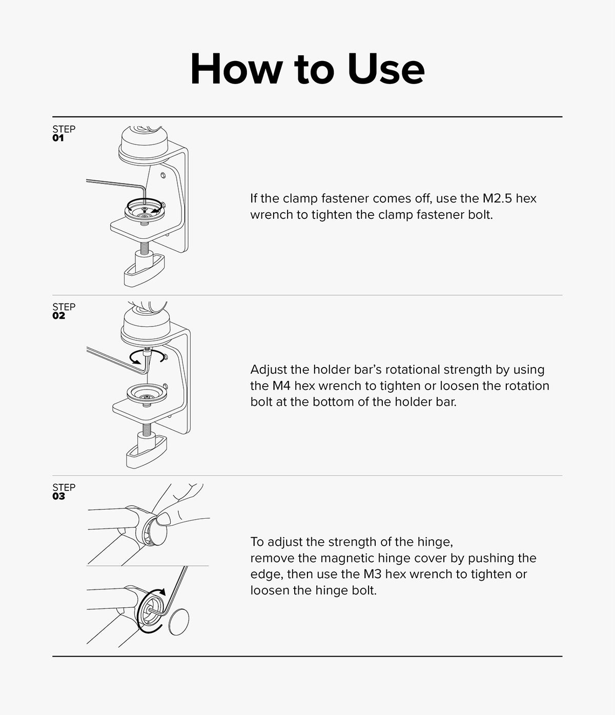 Ringke Clamp Holder - Three-step instructional diagram showing how to use hex wrenches to adjust clamp and hinge bolts.