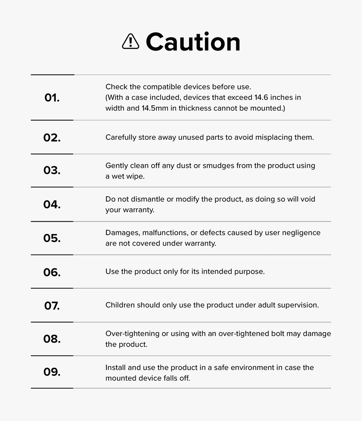 Ringke Clamp Holder - A numbered list of nine safety precautions for using the clamp stand, including device size limits.