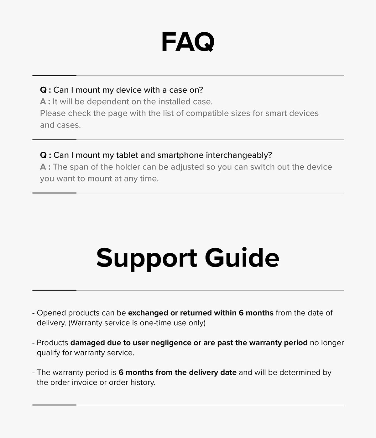 Ringke Clamp Holder - FAQ and Support Guide text detailing device compatibility, exchange policies, and warranty terms.