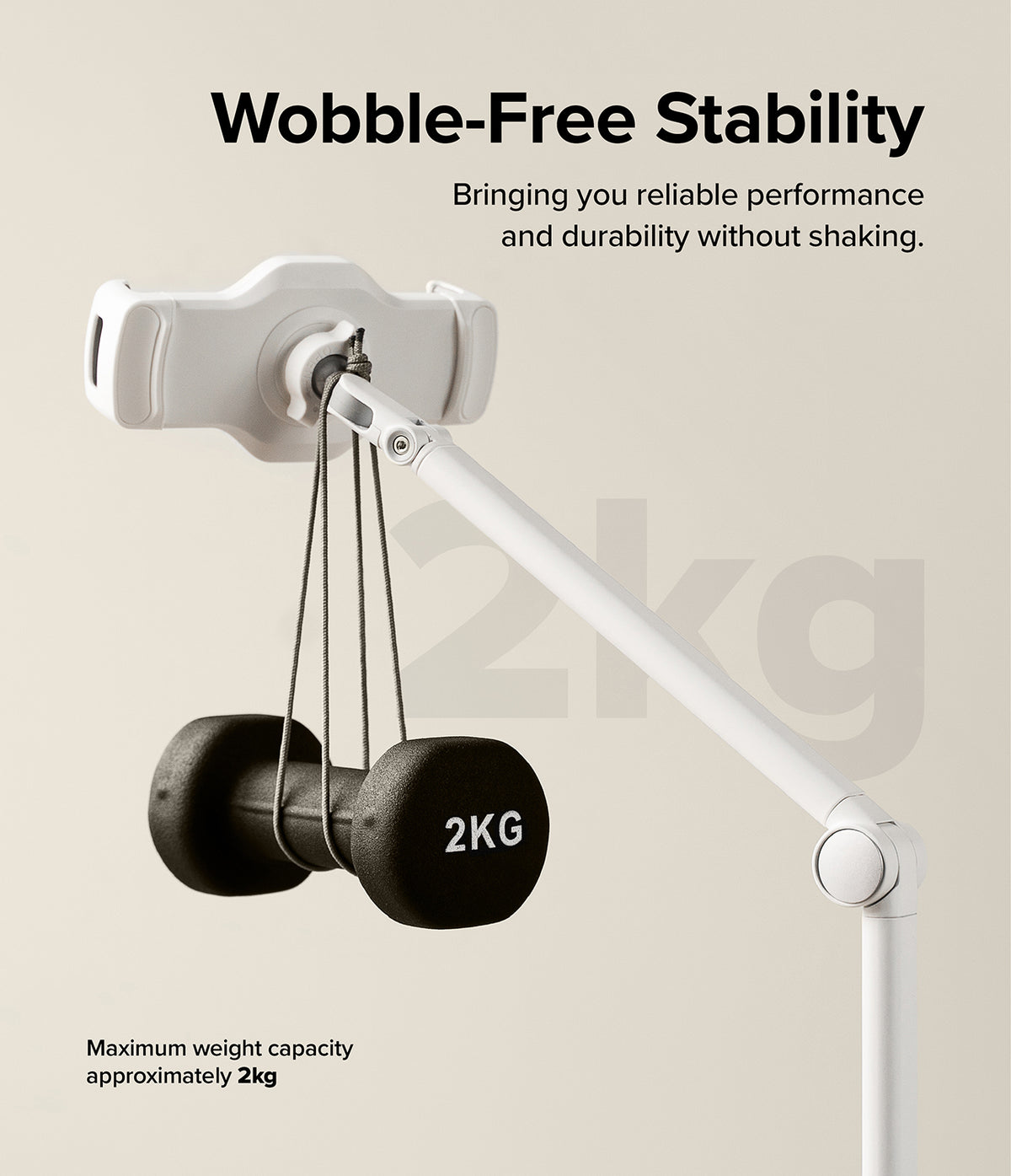 Ringke Clamp Holder - A white adjustable phone stand supporting a 2kg dumbbell to demonstrate stability and weight capacity.